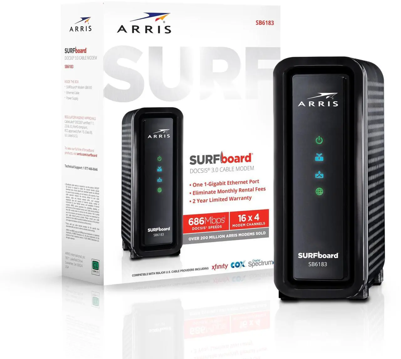 Main image of ARRIS (SB6183) Cable Modem - Fast DOCSIS 3.0 16x4 Gigabit Cable Modem, For Comcast Xfinity, Cox, Spectrum and more, 1 Gbps Port, 400 Mbps Max Internet Speed, 2 Year Warranty