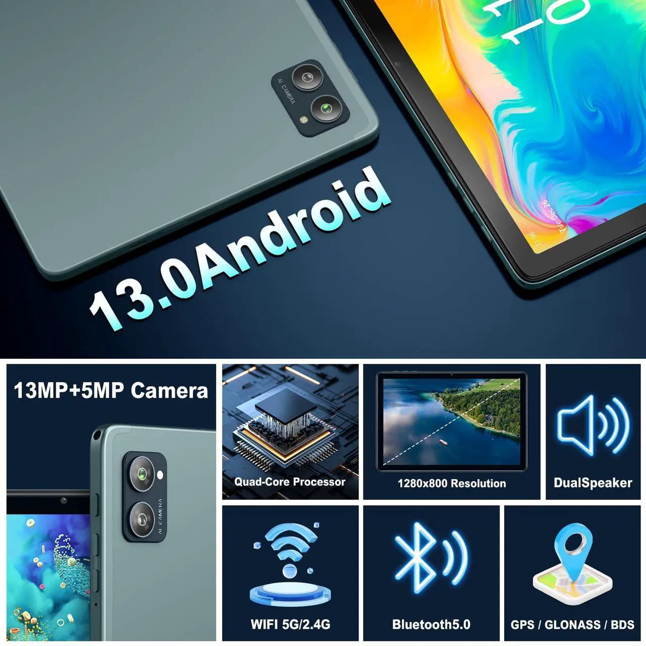 Alt view image 4 of 5 - AISLPC 10.1 Inch New Slim Android Tablet, Android 13 Tablets 8GB RAM 128GB ROM 512GB Expand WiFi Tablets PC, 1280 * 800 HD Screen, 5+13MP Dual Camera, Bluetooth5.0, 6800mAh Battery,Steel Blue