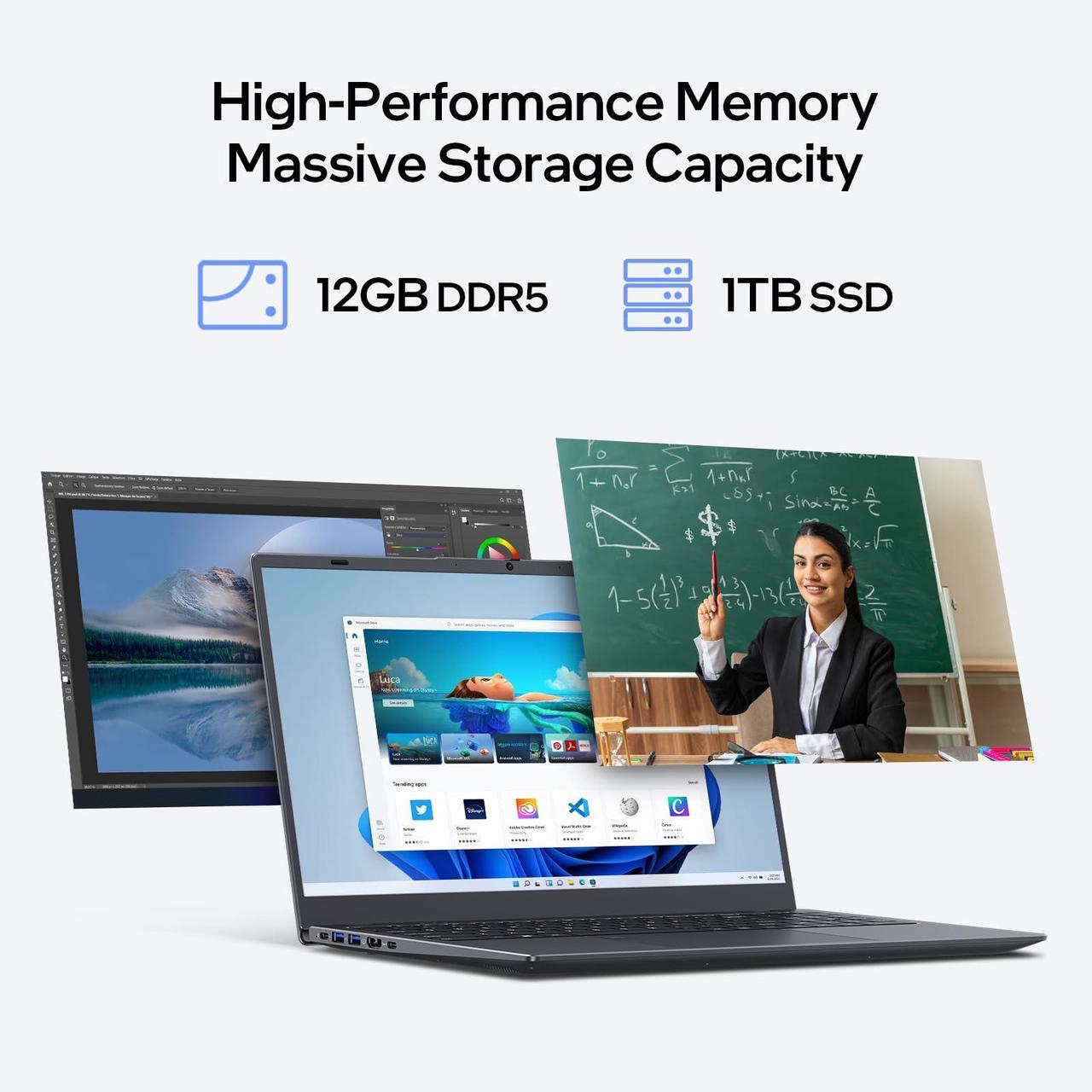 Alt view image 3 of 5 - ECOHERO Windows 11 Laptop Computer, 12GB DDR5/1TB SSD, N95 Quad-Core, MS Office 2024, 15.6 inch 1920x1080 FHD Display, Dual Band WiFi, BT5.0, Fingerprint Unlock/Physical Camera Switch (Gray)
