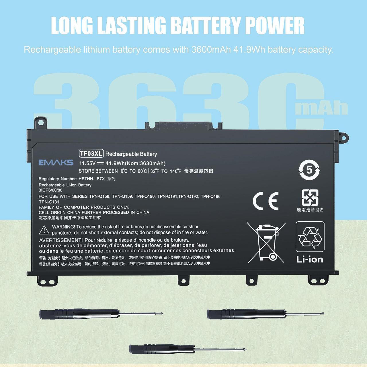 Alt view image 3 of 5 - TF03XL Battery and 45W Charger for HP Pavilion 15-CC 15-CD 14-BK:15-cc154cl 15-cc060wm 15-cc152od 15-cc055od 15-cd040wm;17-AR007CA 17-AR050WM 920046-121 421 541 920070-855 HSTNN-IB7Y LB7J LB7X UB7J