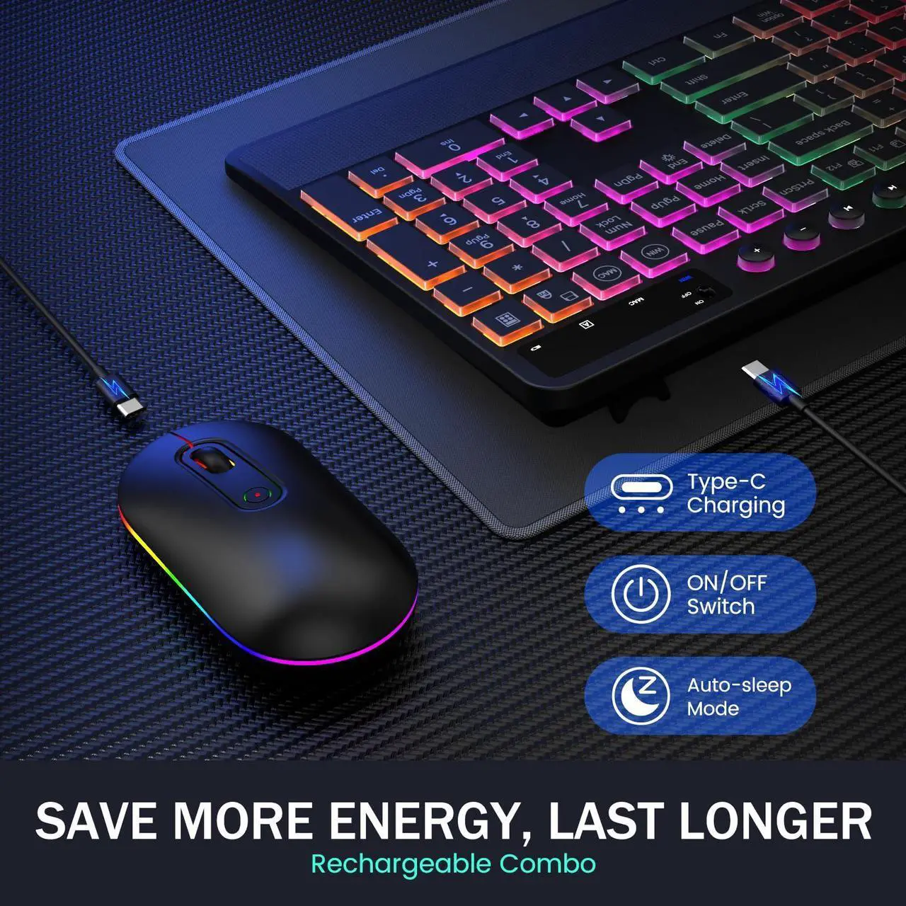 Alt view image 4 of 5 - Wireless Keyboard and Mouse Combo - Dual System RGB Backlit Mouse and Keyboard,2.4G Rechargeable,Full-Sized Ergonomic Silent Design with Phone Holder for Windows Mac PC Laptop (Black-V2)