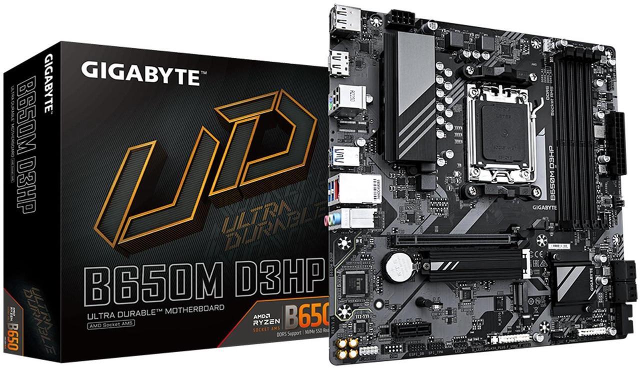 Main image of GIGABYTE B650M D3HP (AM5/ LGA 1718/ AMD/ B650/ Micro ATX/ 5-Year Warranty/ DDR5/ 2X PCIe 4.0 M.2/ PCIe 4.0/ USB 3.2 Gen2 Type-C/ 2.5GbE LAN/Motherboard)