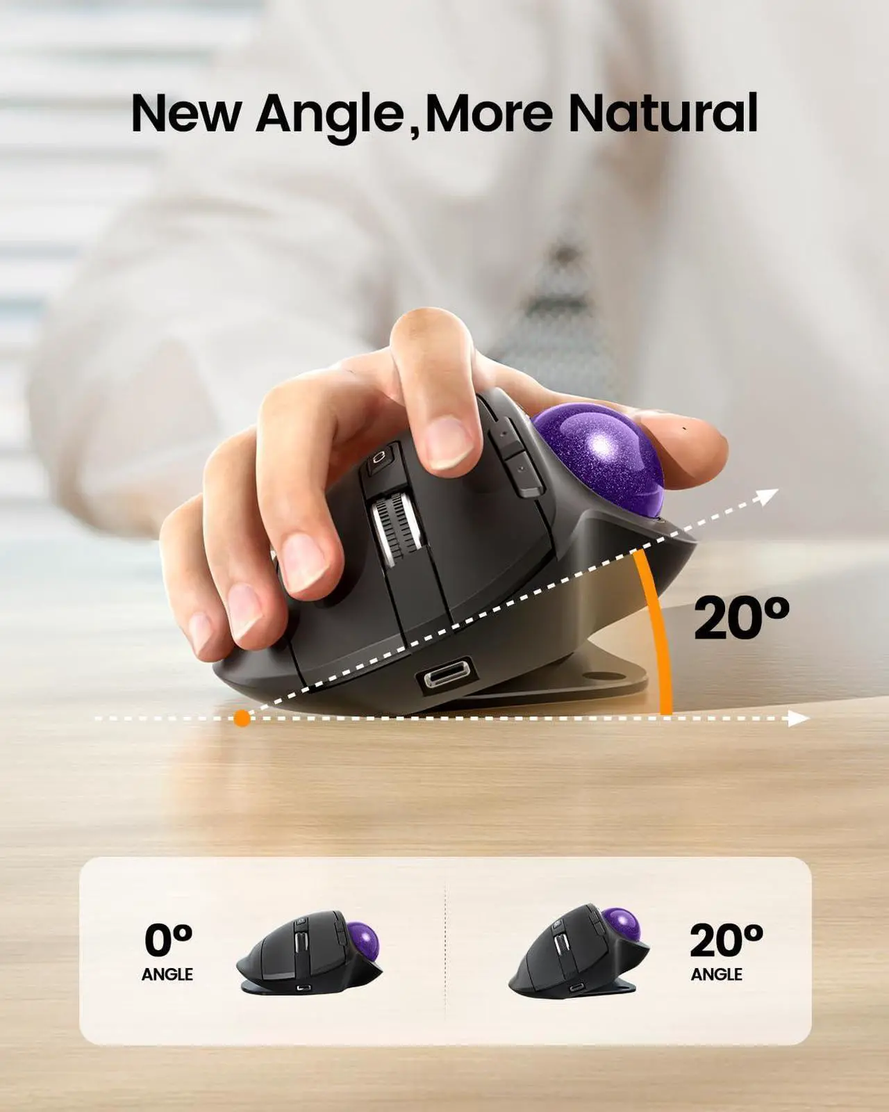 Alt view image 2 of 5 - ProtoArc Wireless Trackball Mouse, EM01 NL Ergonomic Bluetooth Rollerball Thumb Rechargeable Computer Laptop Mouse, Adjustable Angle & 3 Device Connection for PC, Mac, Windows-Purple Ball