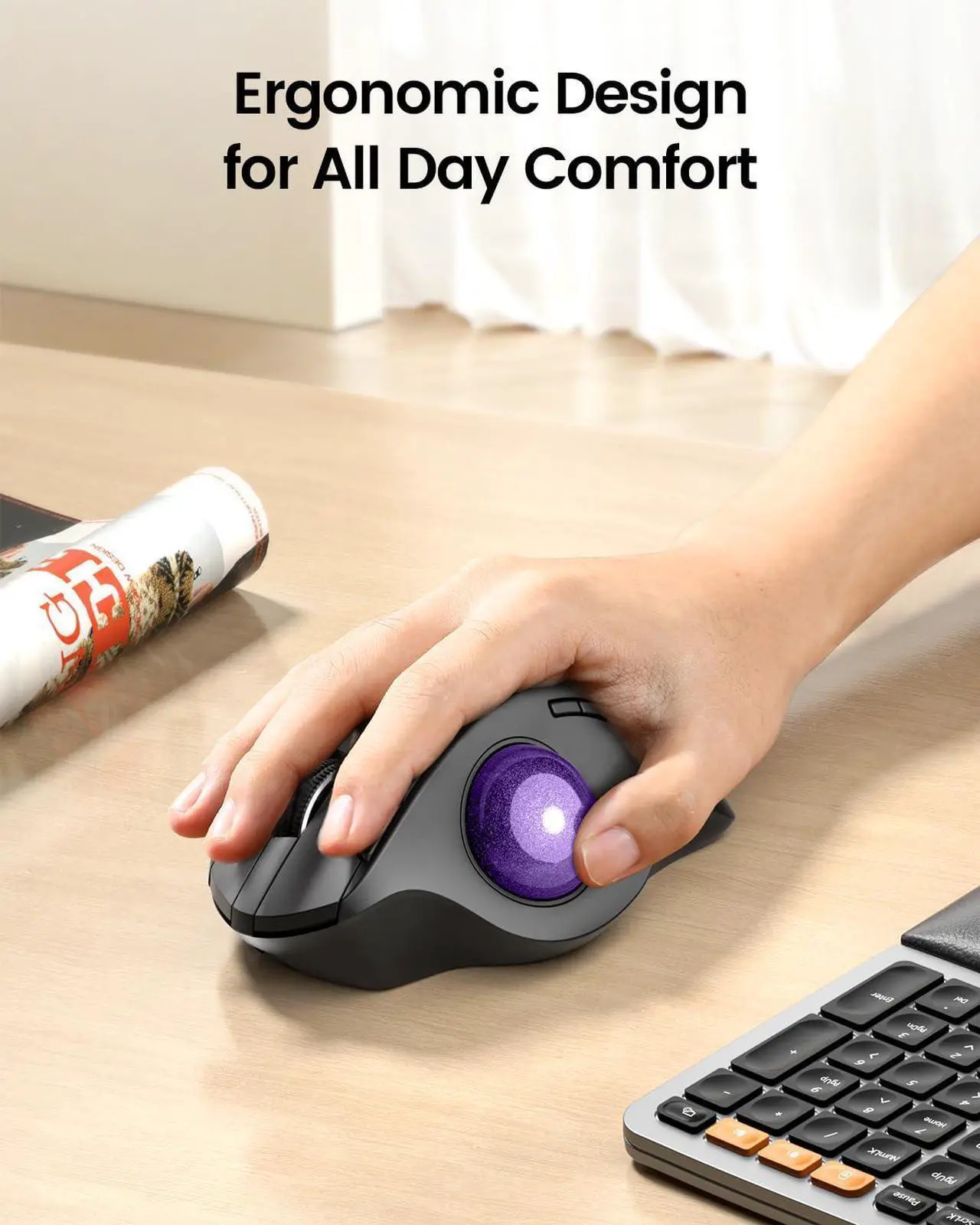 Alt view image 3 of 5 - ProtoArc Wireless Trackball Mouse, EM01 NL Ergonomic Bluetooth Rollerball Thumb Rechargeable Computer Laptop Mouse, Adjustable Angle & 3 Device Connection for PC, Mac, Windows-Purple Ball