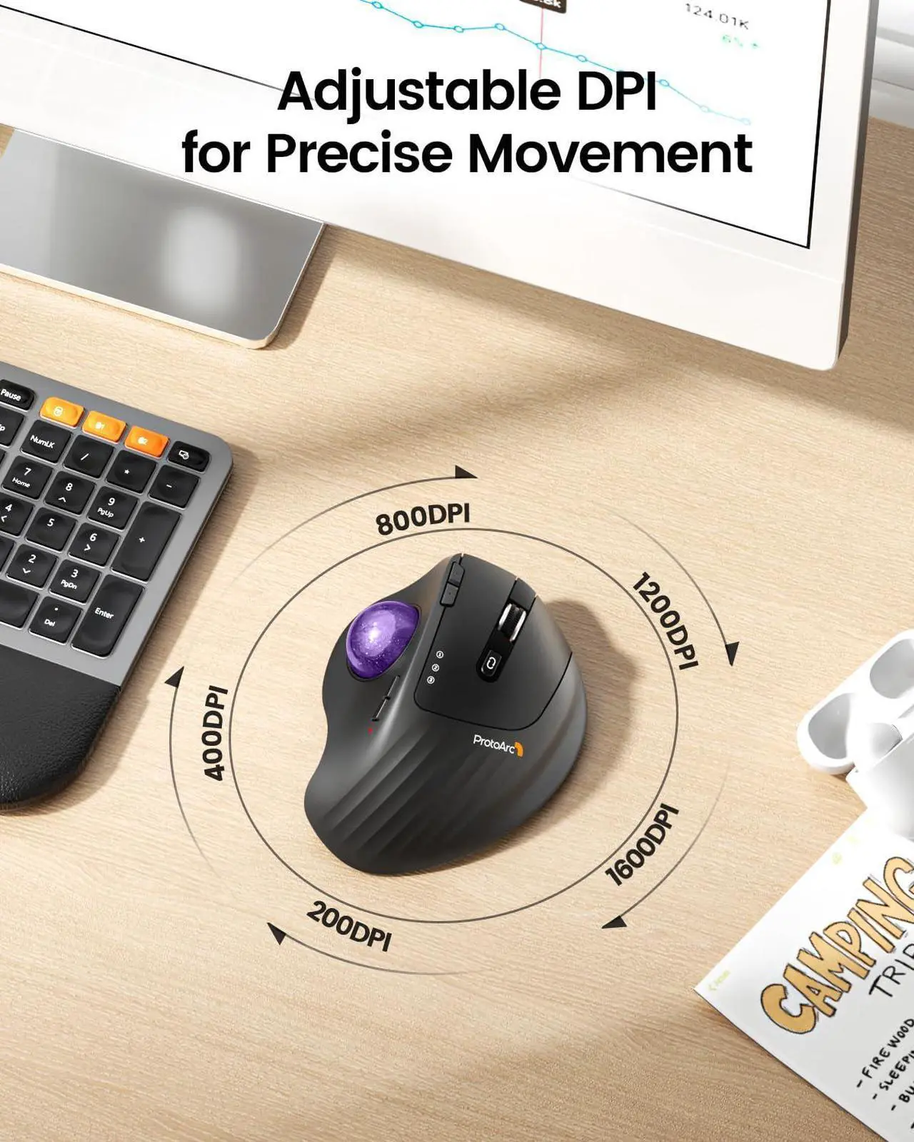Alt view image 5 of 5 - ProtoArc Wireless Trackball Mouse, EM01 NL Ergonomic Bluetooth Rollerball Thumb Rechargeable Computer Laptop Mouse, Adjustable Angle & 3 Device Connection for PC, Mac, Windows-Purple Ball