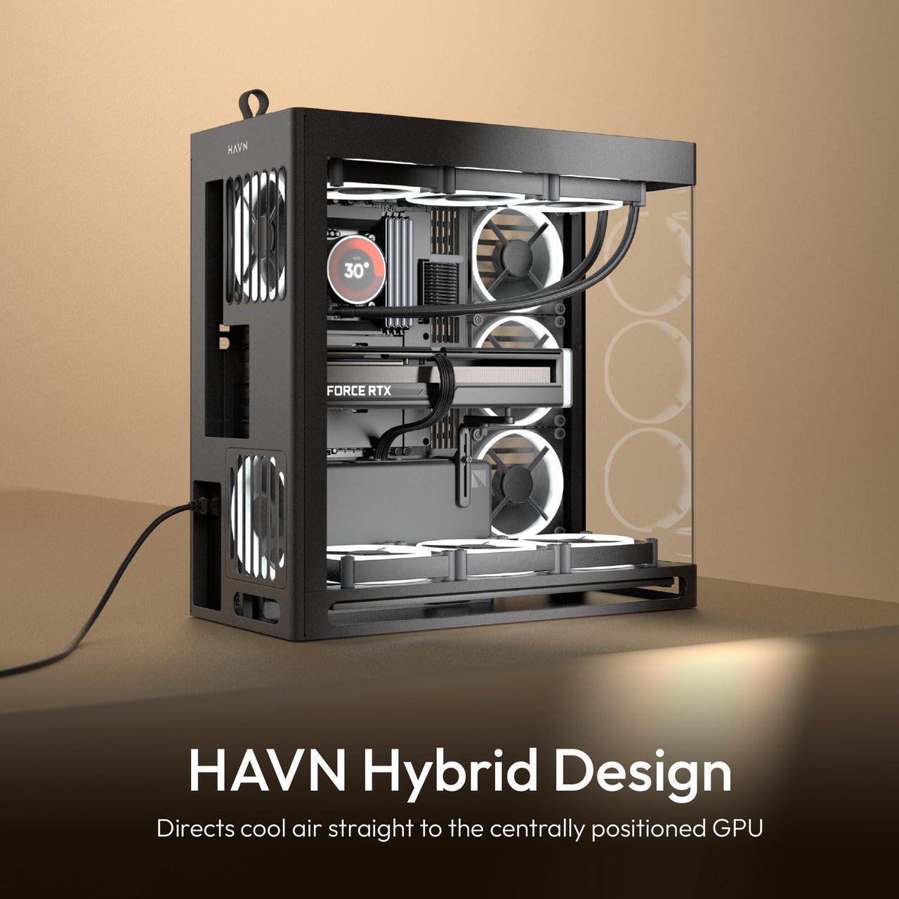 Alt view image 2 of 5 - HAVN HS 420 Dual-Chamber Mid Tower PC Case ATX Black | Hybrid Design, 11x 140mm Fan Slots & 3X 420mm Radiator Support, SimpliCable Cable Management, Tempered Glass, PWM Fan Hub