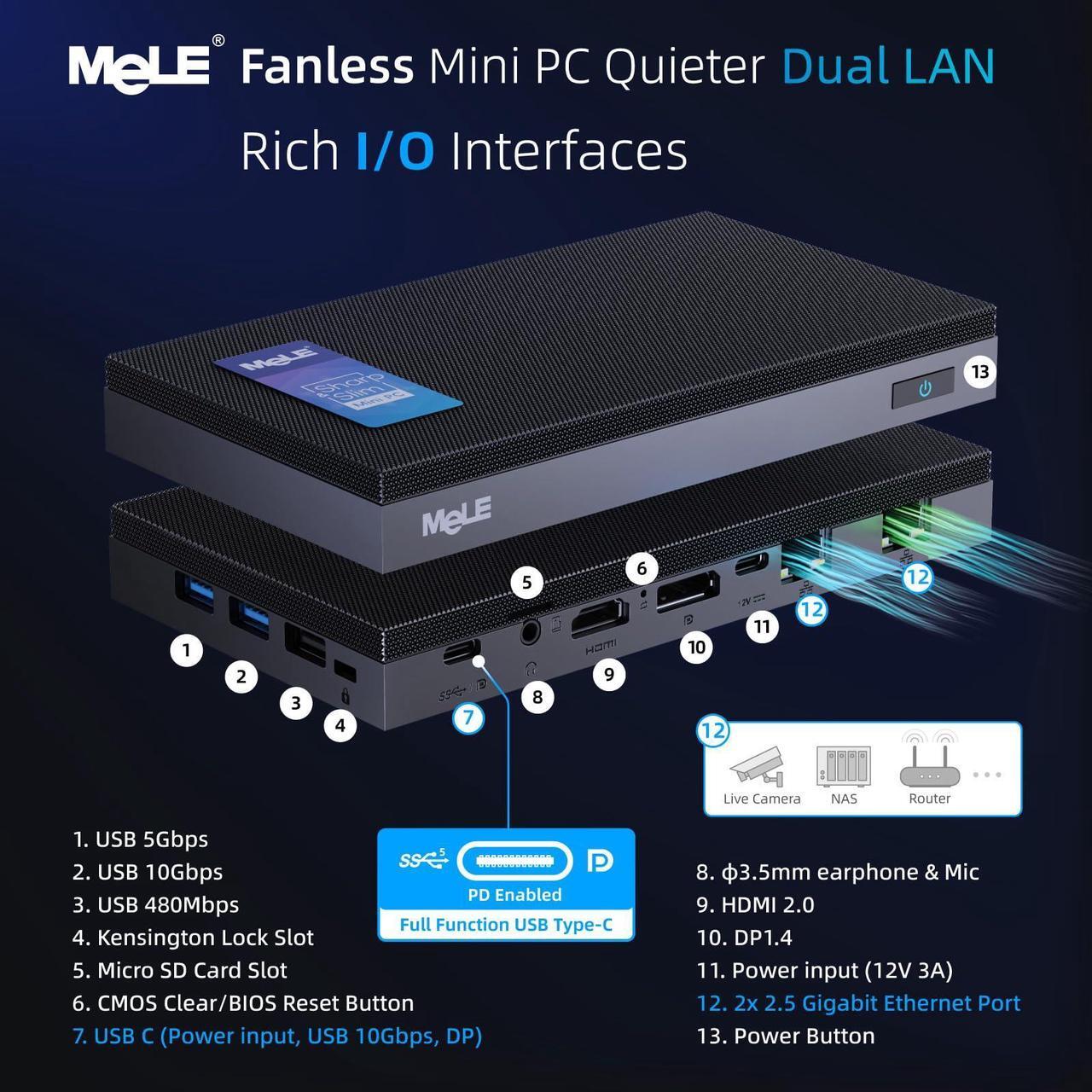 Alt view image 2 of 5 - MeLE QuieterDL Fanless Mini PC 2.5Gb Dual LAN N100(up to 3.4GHz) 8GB RAM 256GB Storage Micro PC Small Form Factor PC USB-C HDMI2.0+DP1.4 Triple Display Desktop Computers for Astrophotography