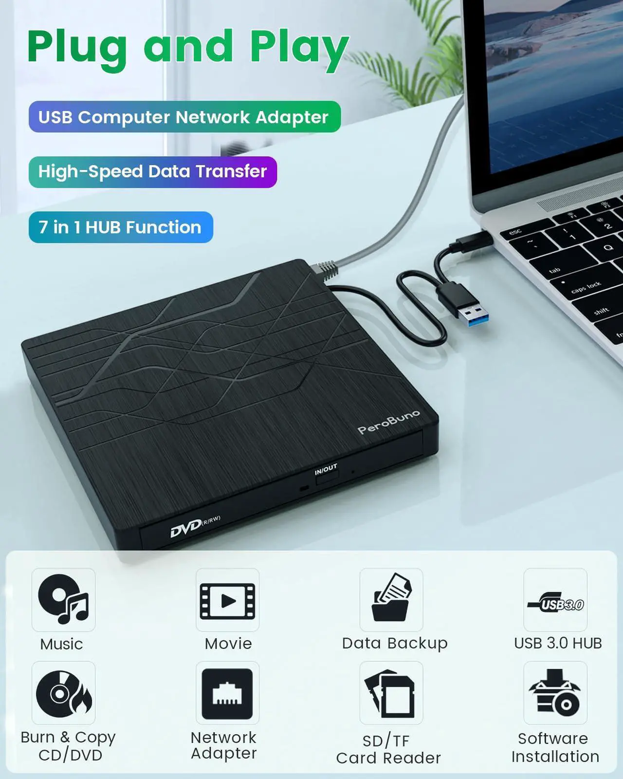 Alt view image 2 of 5 - Super External CD DVD Drive, USB 3.0 DVD Burner with Ethernet Adapter, 3 USB and 2 TF/SD Card Ports, CD DVD Player Reader Writer Optical Disk Drive for Laptop PC Mac Windows Linux with Carrying Case