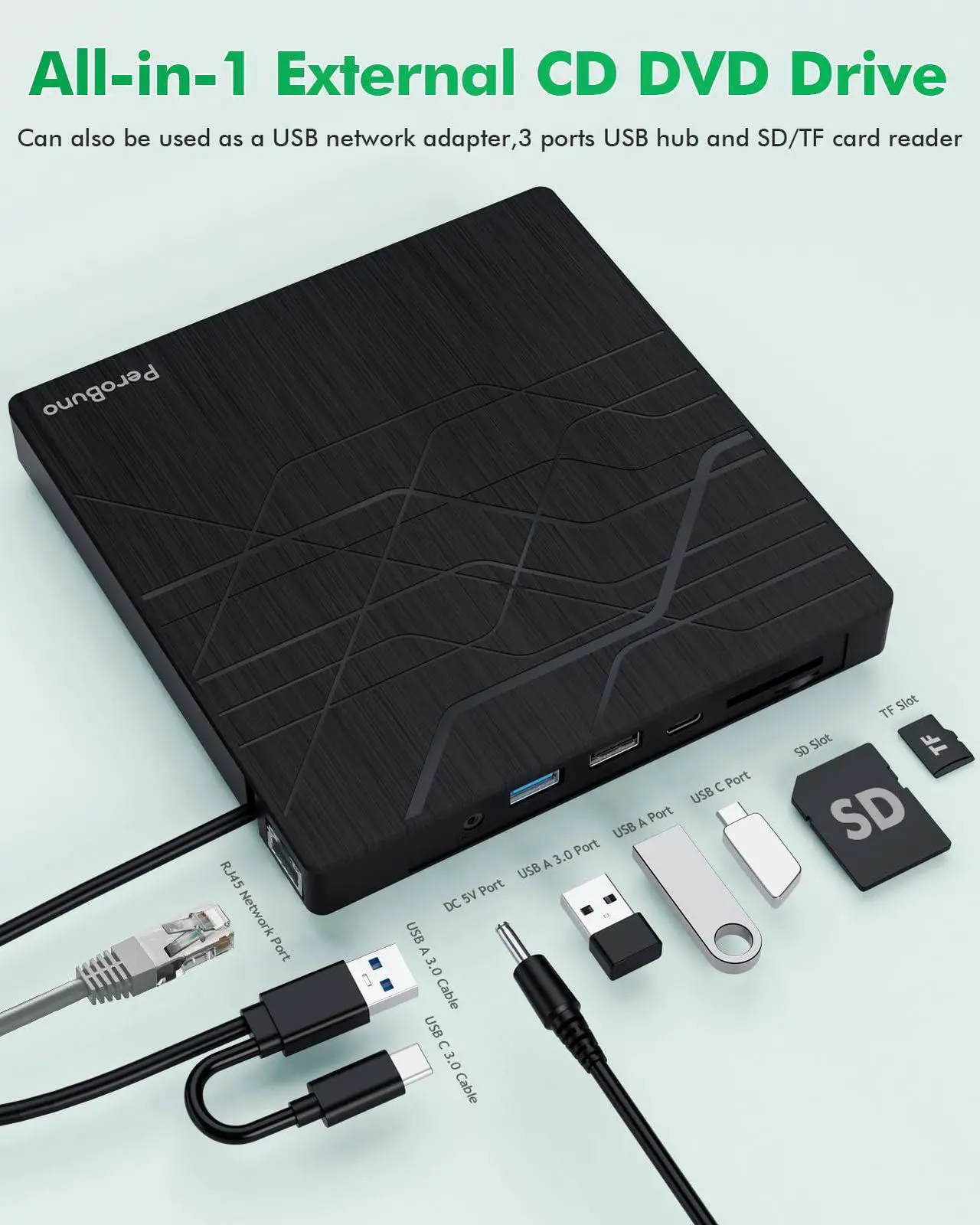 Alt view image 3 of 5 - Super External CD DVD Drive, USB 3.0 DVD Burner with Ethernet Adapter, 3 USB and 2 TF/SD Card Ports, CD DVD Player Reader Writer Optical Disk Drive for Laptop PC Mac Windows Linux with Carrying Case