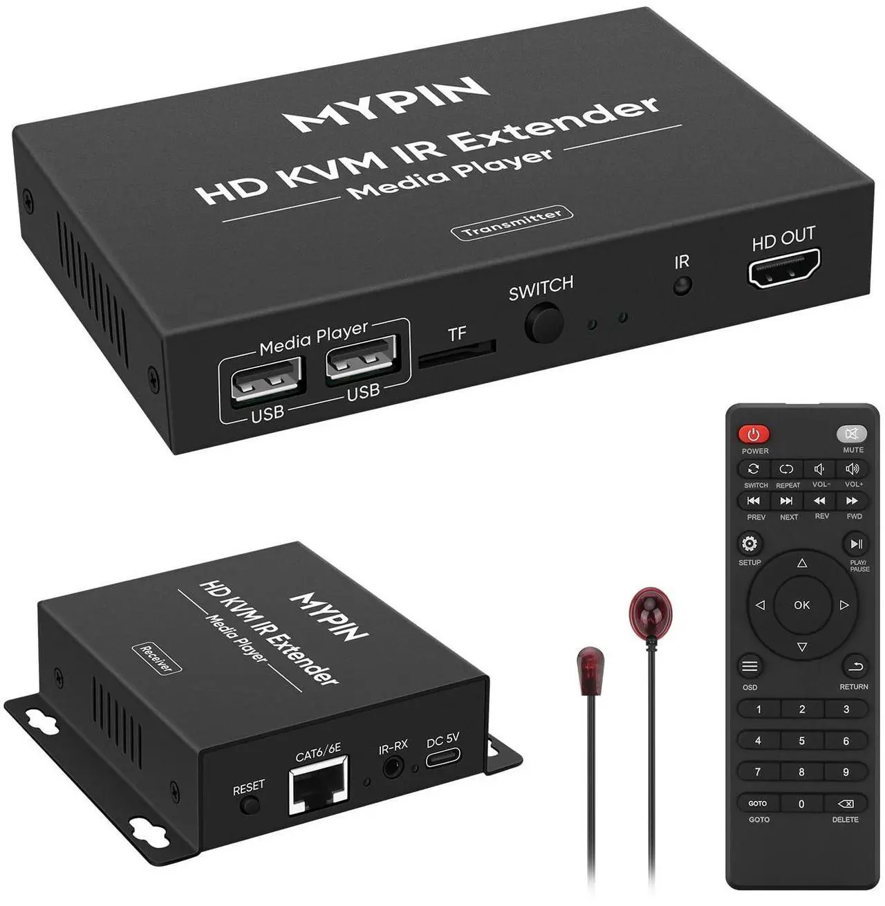 Main image of 1080P HDMI KVM Extender Over Cat 6/7/8 Cable up to 492 ft, HD Digital Media Player for USB Drives,HDMI Extender with 3.5mm Audio & Loop Out, Supports IR Remote, Support for One to Many Connection