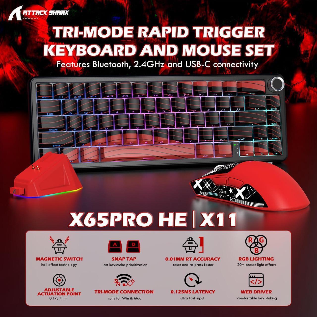 Alt view image 2 of 5 - Attack Shark X65PRO HE & X11 Gaming Combo,Hall Effect Magnetic Keyboard & Ultralight Mouse with RGB Charging Dock,8K Polling,22K DPI,Tri-Mode Wireless,Hot-Swappable, for Win/Mac/Linux-