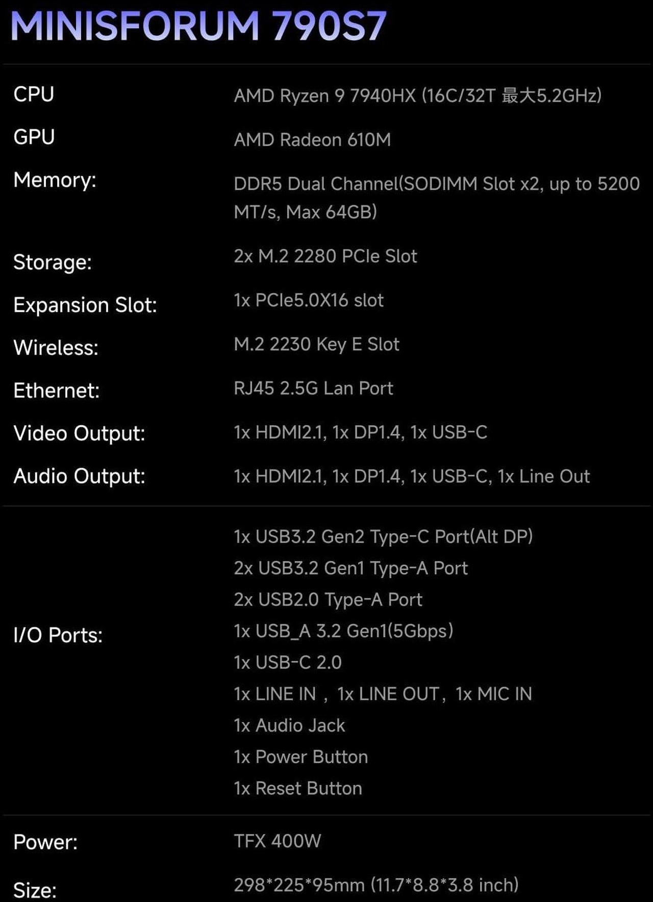 Alt view image 2 of 5 - MINISFORUM 790S7 Mini Gaming PC AMD Ryzen 9 7940HX (16C/32T) Barebone Version Tower Computer, 2x DDR5 Slots, 2x PCIe4.0 SSD, HDMI|DP|USB-CTriple Outputs, M.2 2230 Key E Slot, 2.5G Lan Desktop Computer