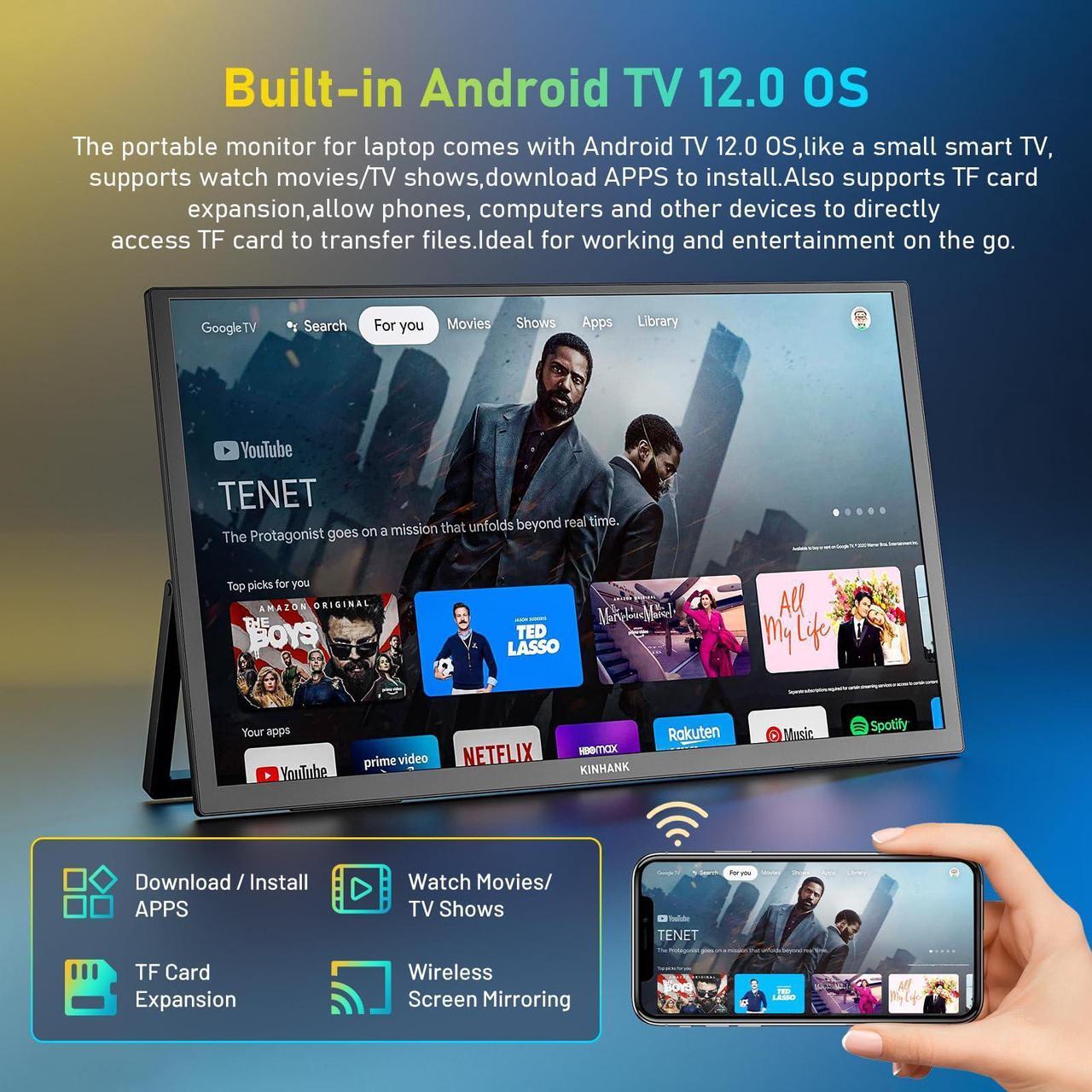 Alt view image 3 of 5 - 18.4'' Portable Monitor,4K UHD Monitor for Laptop, 3840 * 2160P HDR Display External Monitors,Android TV 12.0 OS,USB-C/HDMI Portable Screen,Eye Care, Travel & Office