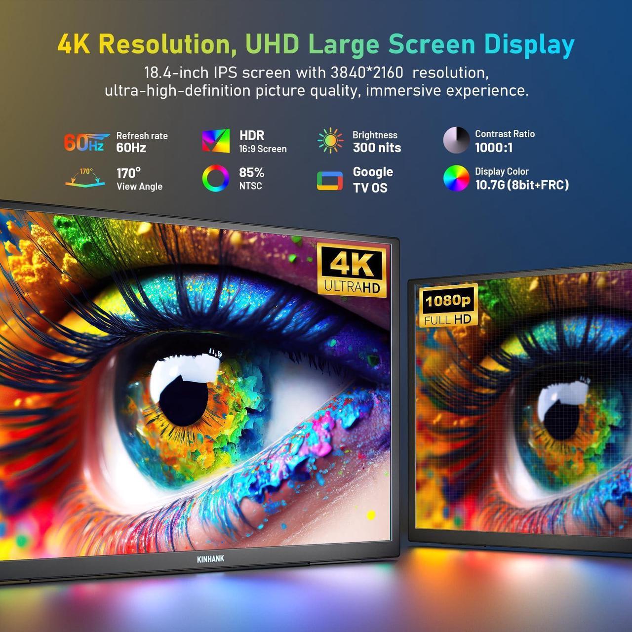 Alt view image 2 of 5 - 18.4'' Portable Monitor,4K UHD Monitor for Laptop, 3840 * 2160P HDR Display External Monitors,Android TV 12.0 OS,USB-C/HDMI Portable Screen,Eye Care, Travel & Office
