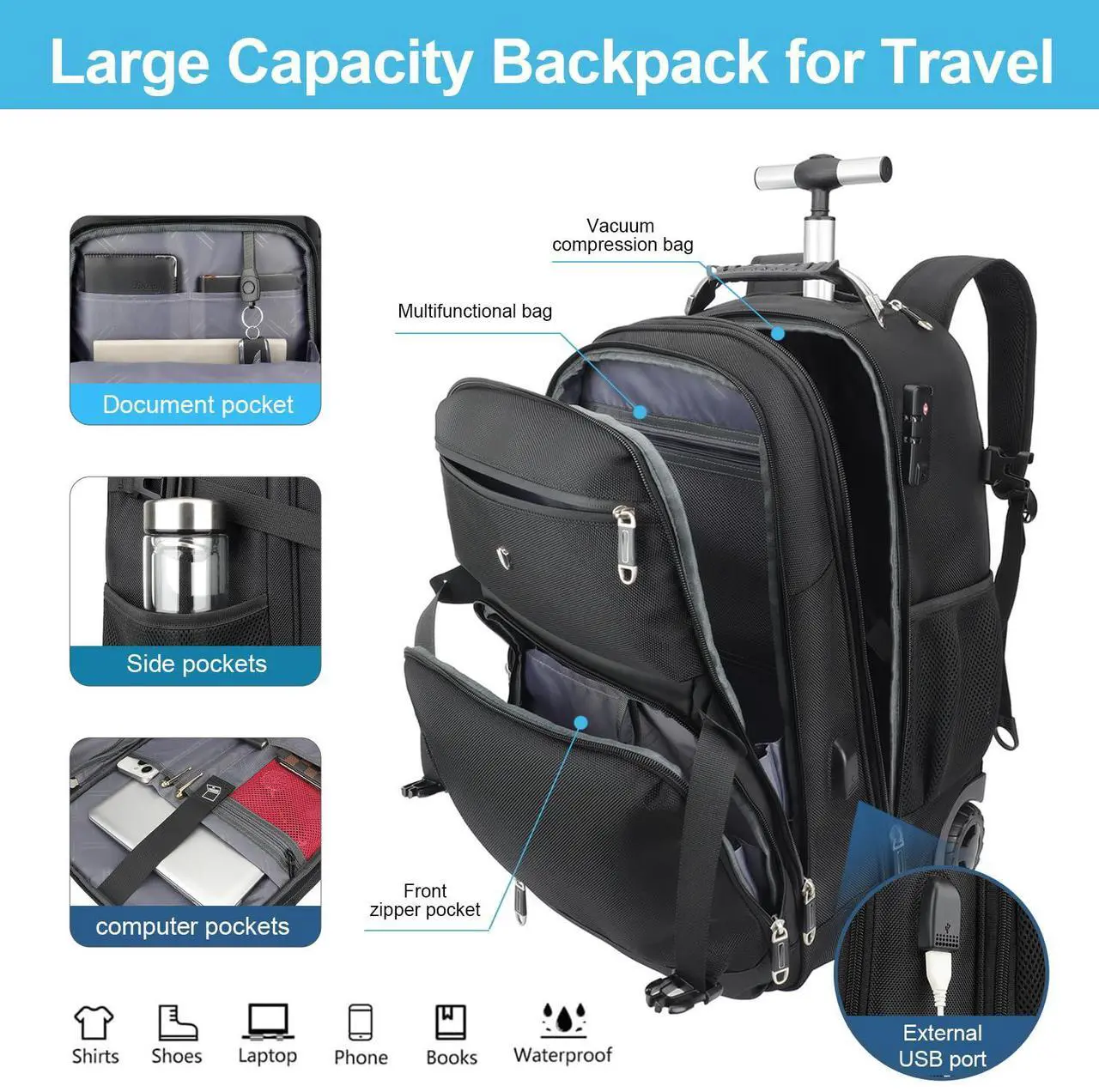 Alt view image 2 of 5 - SWICKY RICOOI Vacuum Rolling Backpack,50L Roller Travel Laptop Backpack with Anti-Theft,rolling backpack for travel,Water-Resistant Carry-On Luggage,Business and Commuting (A)