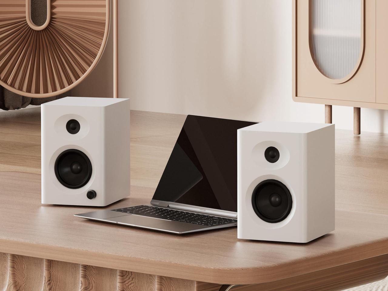 Alt view image 3 of 5 - Computer Speakers for Desktop PC with Detailed Mellow Treble & Deep Bass, 60W Max Output, Compact Bookshelf Speaker for Home Office Laptop, Gaming, Audio Books, White Pair