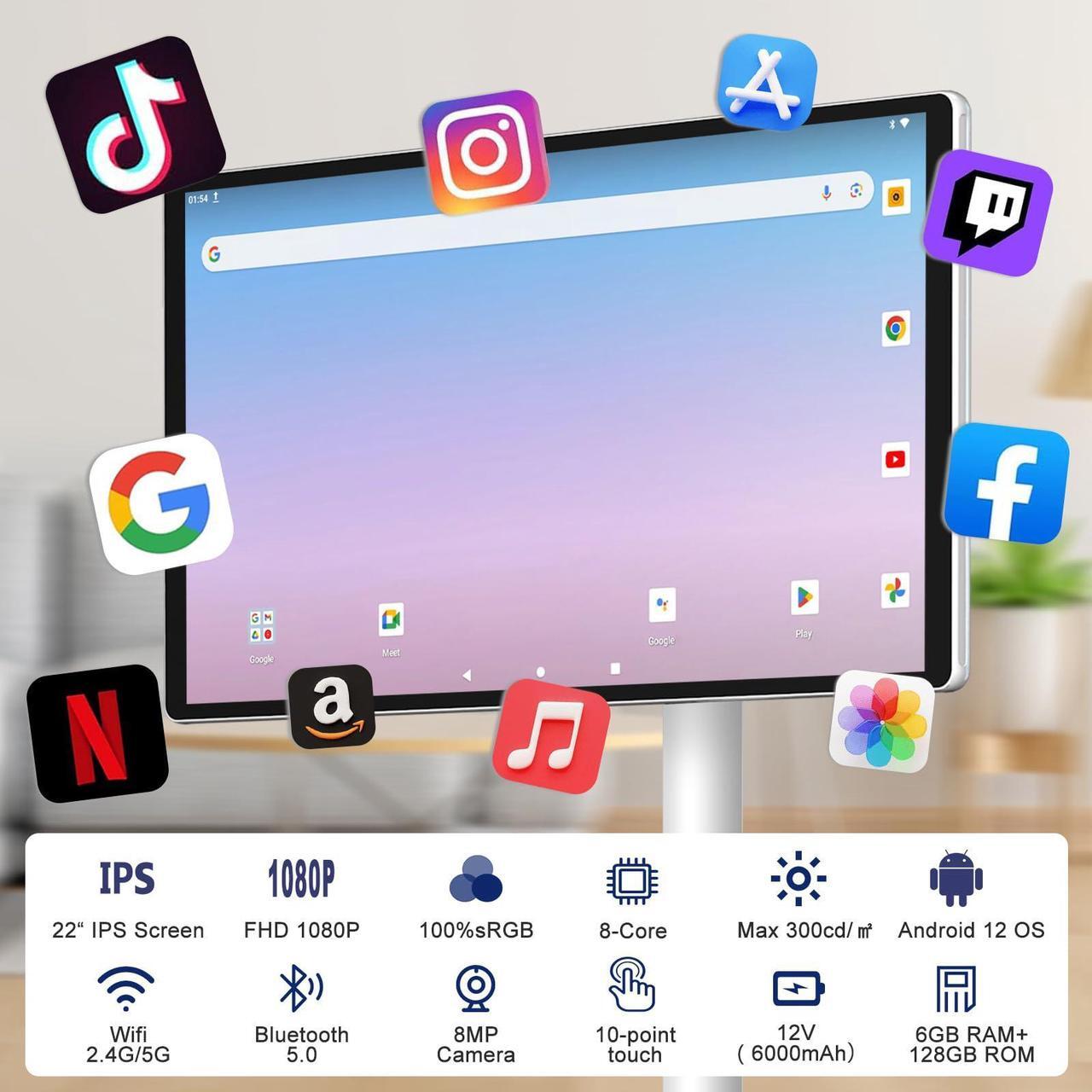 Alt view image 2 of 5 - OFD 22 Inch Portable TV on Wheels 1080P,Large Screen Standbyme 6GB RAM+128GB ROM,Android 13 OS,100% sRGB,5H Play Time,Rolling TV Tablet for Family,Rotating Touchscreen Monitor with Base,60Hz Re,White