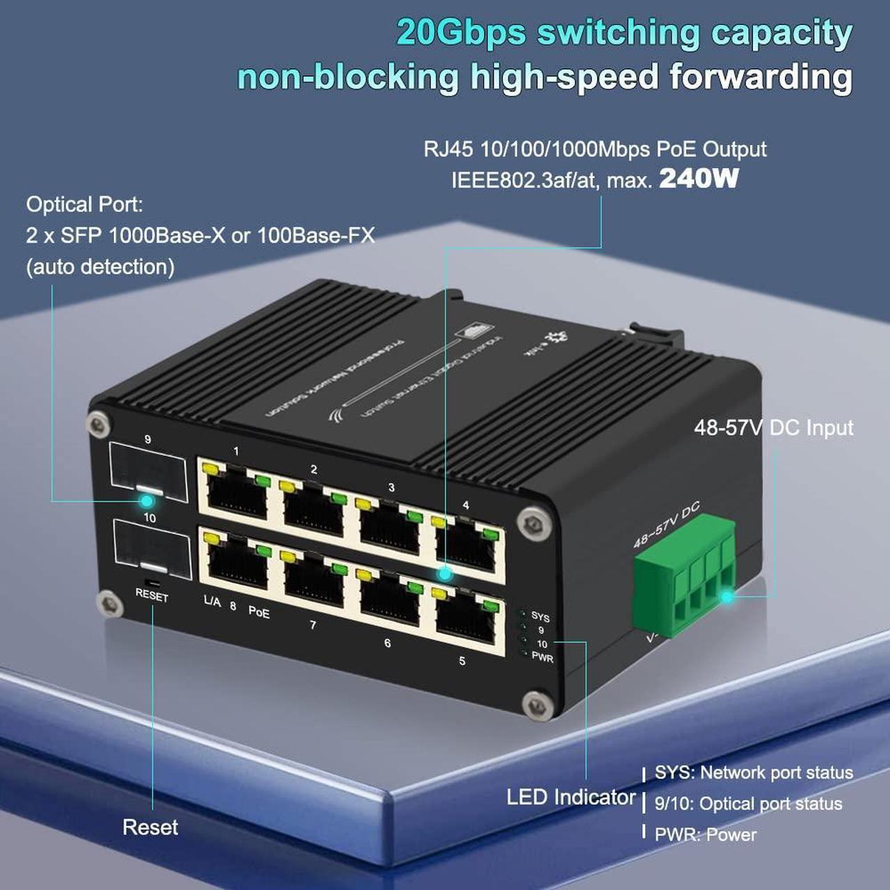 Alt view image 2 of 5 - Throncom Industrial 8 Ports Managed PoE Fiber Switch Gigabit Web Management Switch with 100/1000M Adaptive 2 SFP Slots Din Rail Small Network Switch 802.3at 30W/240W Support QOS, VLAN, IGMP 48-57VDC