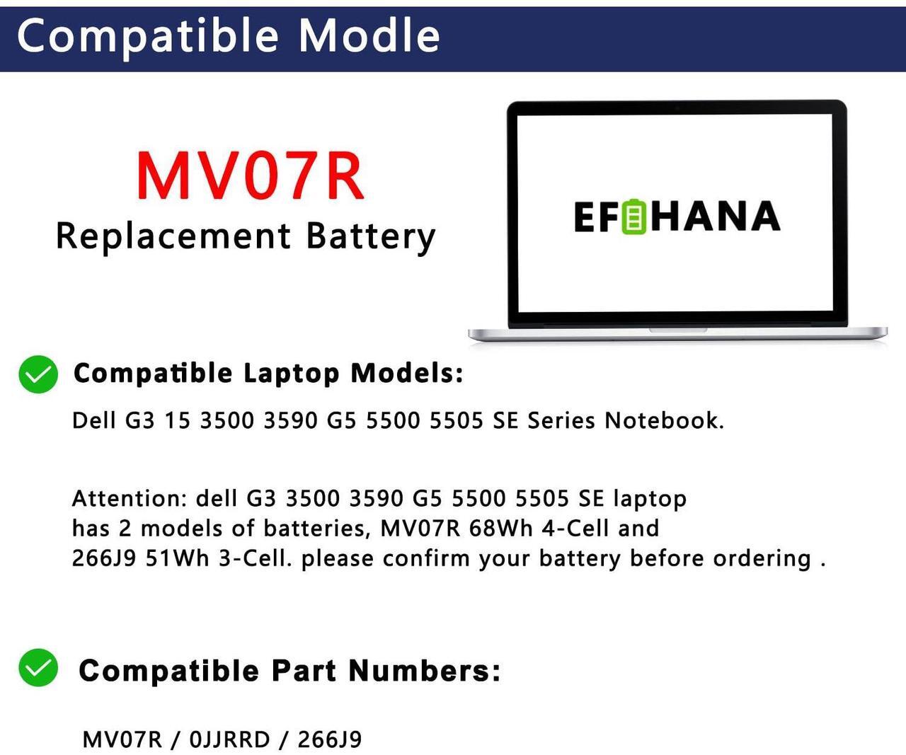 Alt view image 5 of 5 - EFOHANA MV07R Laptop Battery Replacement for Dell G3 3590 3790 G5 5590 5500 5505 SE G7 7590 7790 Series Notebook 0JJRRD JJRRD 15.2V 68Wh 4250mAh