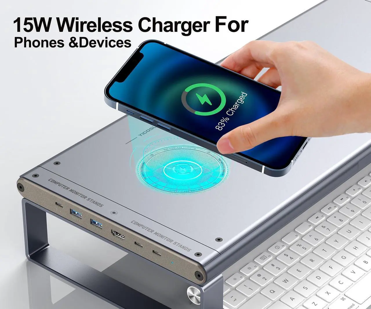 Alt view image 3 of 5 - YICOSUN 6-in-1 Docking Station Monitor Stand Riser with Wireless Charging - Aluminum Alloy Studio Desk Shelf for Large Monitors/Laptops, 4K HDMI/USB3.0/PD100W - Grey