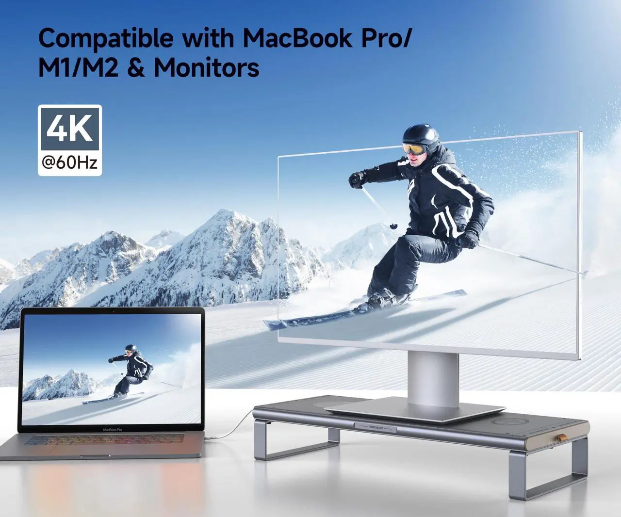Alt view image 4 of 5 - YICOSUN 6-in-1 Docking Station Monitor Stand Riser with Wireless Charging - Aluminum Alloy Studio Desk Shelf for Large Monitors/Laptops, 4K HDMI/USB3.0/PD100W - Grey