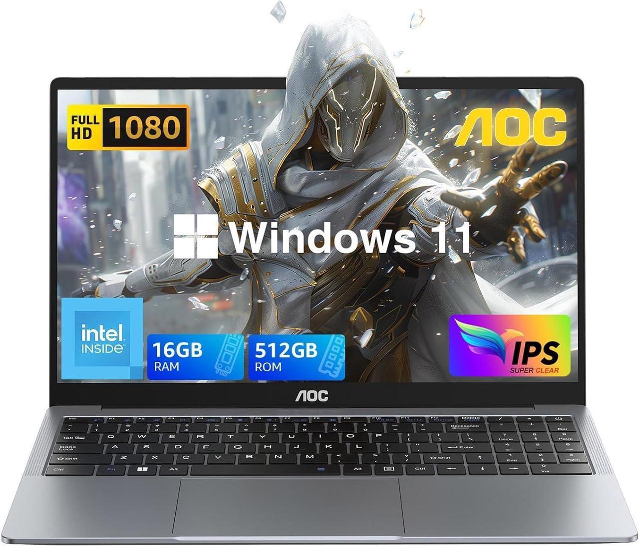 Main image of AOC 15.6" Laptop for Students and Business, 2025 Laptop Computer with Intel N97 Processor(Up to 3.6GHz), 16GB RAM, 512GB ROM, HD IPS Display Windows 11 Laptop, Webcam, Metal Shell, Light&Thin, Type-C