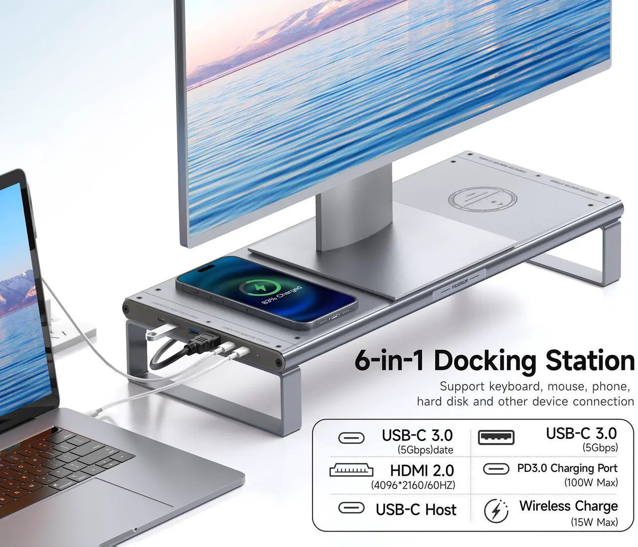 Alt view image 2 of 5 - YICOSUN 6-in-1 Docking Station Monitor Stand Riser with Wireless Charging - Aluminum Alloy Studio Desk Shelf for Large Monitors/Laptops, 4K HDMI/USB3.0/PD100W - Grey