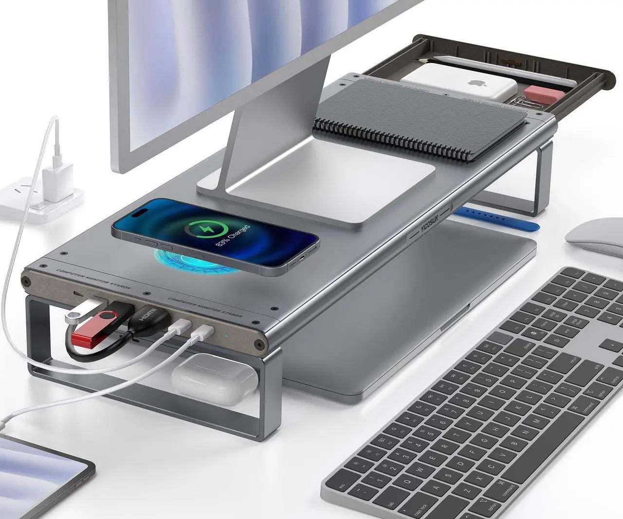 Main image of YICOSUN 6-in-1 Docking Station Monitor Stand Riser with Wireless Charging - Aluminum Alloy Studio Desk Shelf for Large Monitors/Laptops, 4K HDMI/USB3.0/PD100W - Grey
