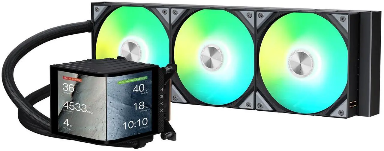 Main image of TRYX Panorama 360 ARGB 360mm AIO 6.5'' AMOLED Curved Screen 3D Anamorphic Effect Display Customizable AIO Cooler 360mm Asetek 8th Gen V2 320w TDP Magnetic ARGB Fan Intel LGA 1851/1700 AMD AM5/AM4