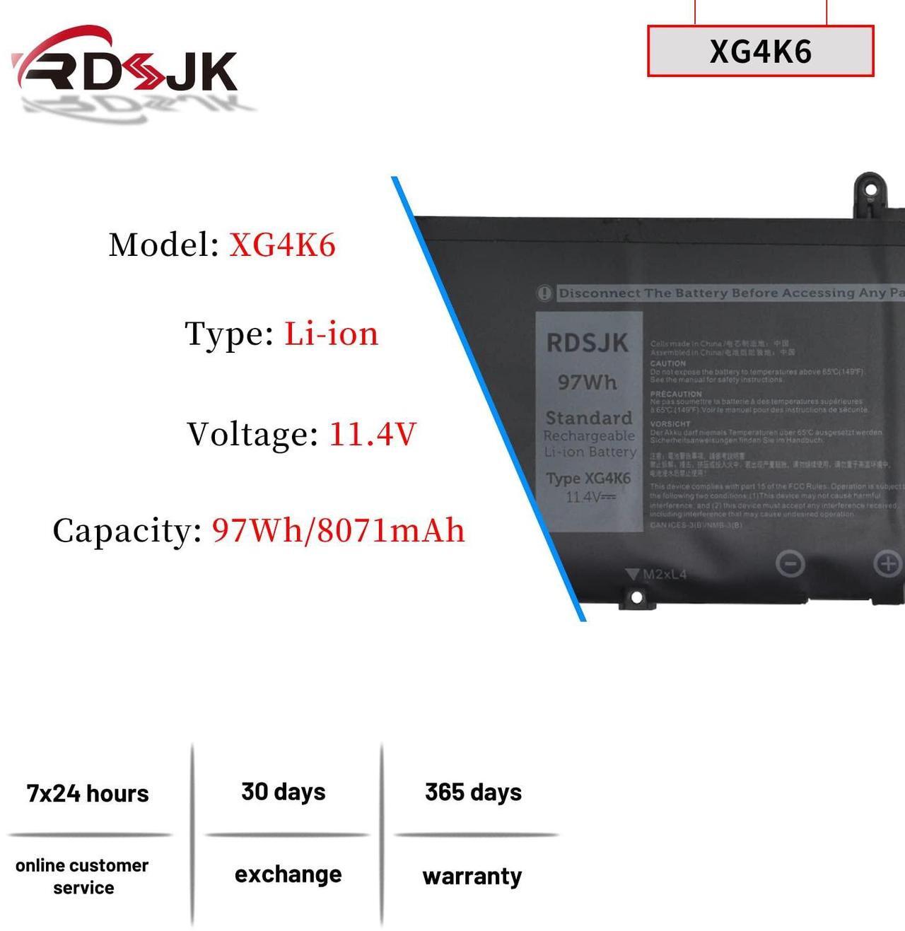 Alt view image 2 of 5 - XG4K6 01RR3 F8CPG 5XJ6R Laptop Battery for Dell XPS 17 9700 9710 9720 9730 Precision 5750 5760 5770 XPS 17-9700-D1741S 17-9700-D1761TS Series 0XG4K6 001RR3 0F8CPG 05XJ6R KVPMY 0YY3V KRDHV 11.4V 97Wh