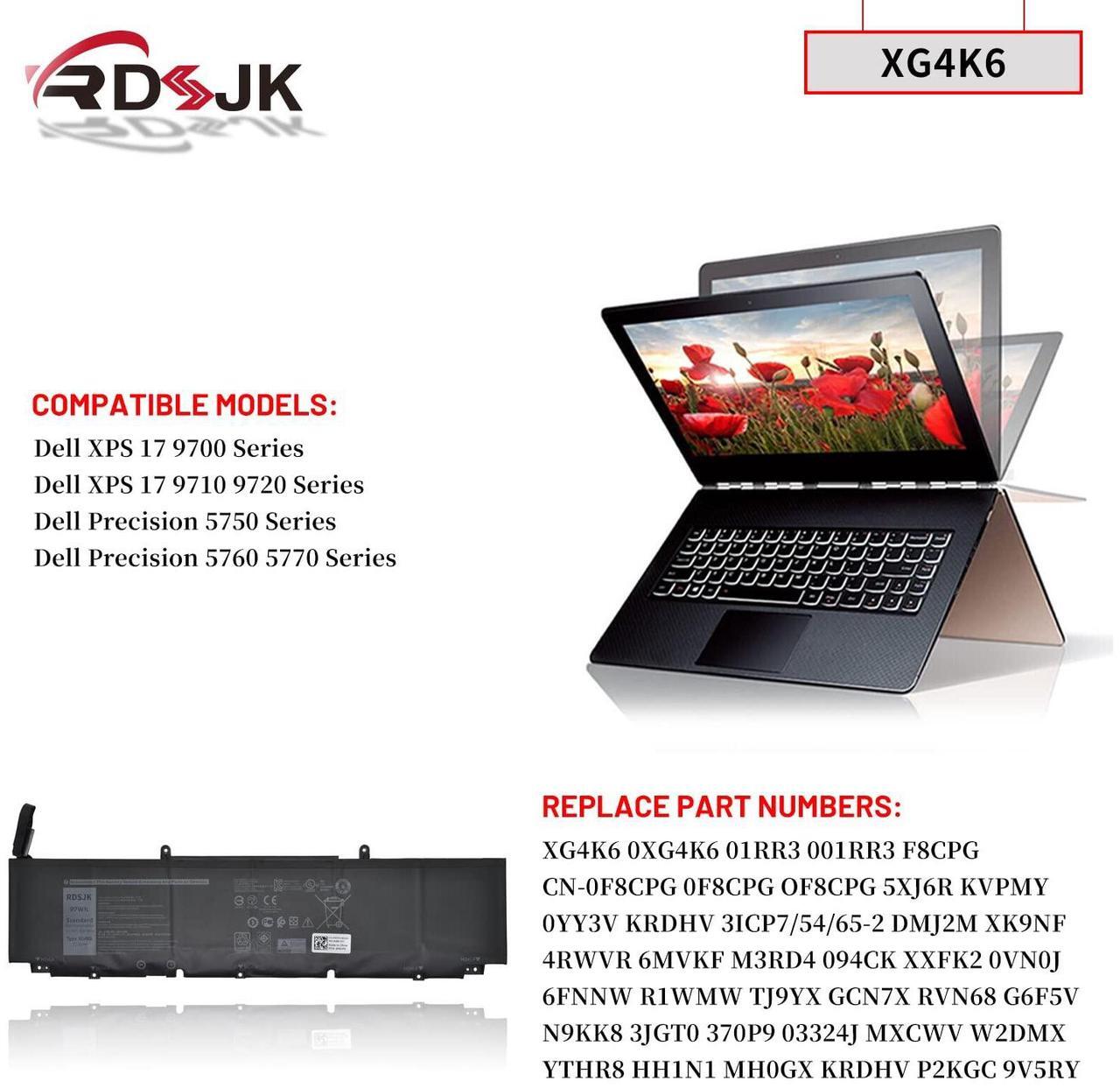 Alt view image 3 of 5 - XG4K6 01RR3 F8CPG 5XJ6R Laptop Battery for Dell XPS 17 9700 9710 9720 9730 Precision 5750 5760 5770 XPS 17-9700-D1741S 17-9700-D1761TS Series 0XG4K6 001RR3 0F8CPG 05XJ6R KVPMY 0YY3V KRDHV 11.4V 97Wh