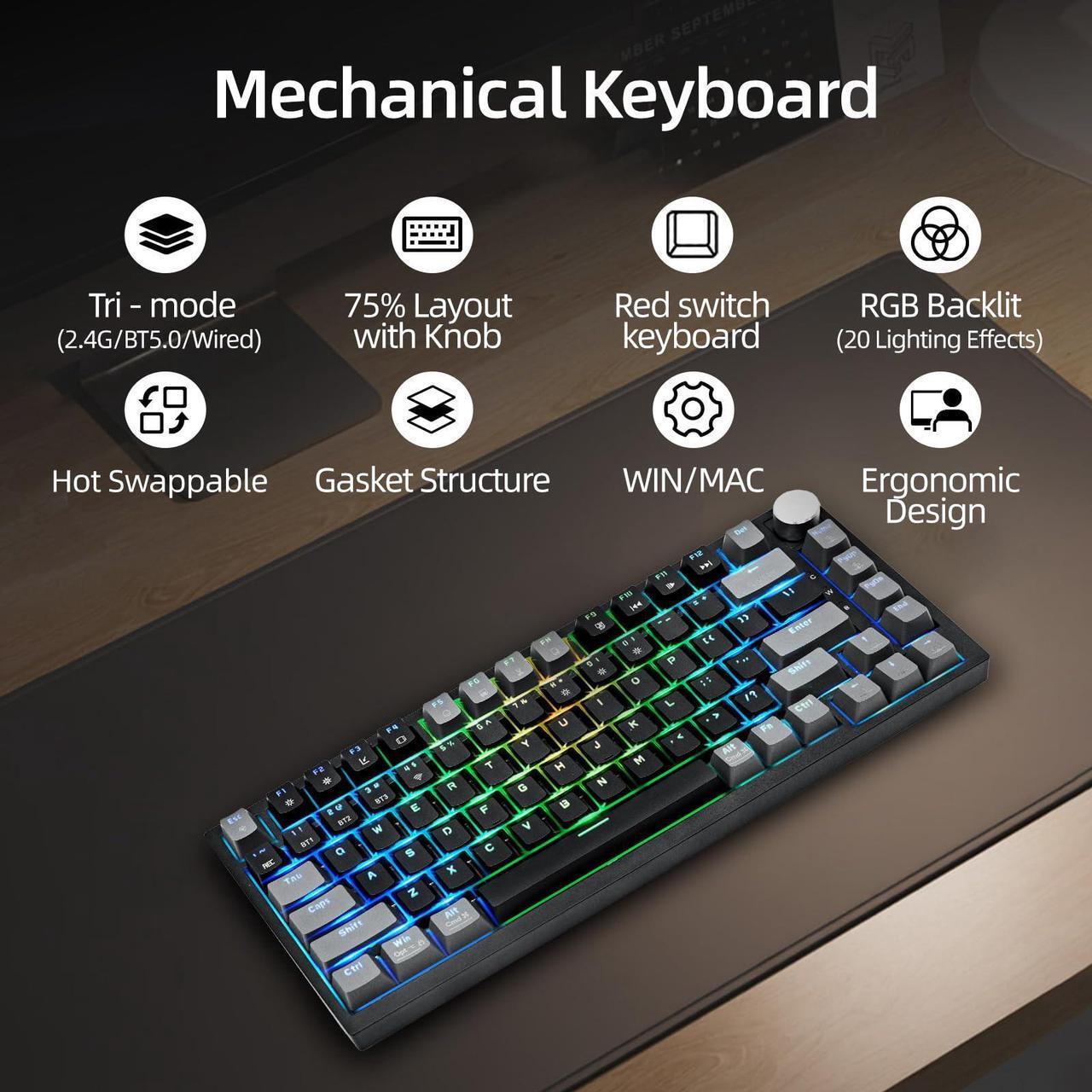 Alt view image 2 of 5 - WJX Wireless Mechanical Keyboard 75% Percent Gaming Keyboard with Volume Knob, RGB Backlit Computer Clicky Keyboards, Hot Swappable Mechanical, USB C/2.4GHz/BT5.0 Gasket Red Switch PBT Keycaps(Black)