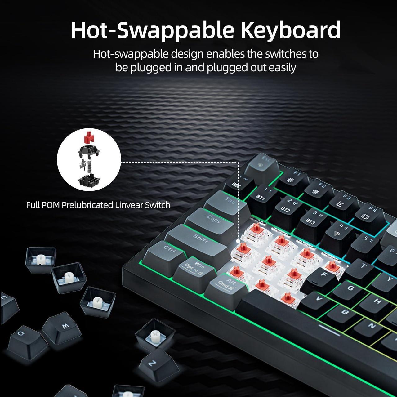 Alt view image 4 of 5 - WJX Wireless Mechanical Keyboard 75% Percent Gaming Keyboard with Volume Knob, RGB Backlit Computer Clicky Keyboards, Hot Swappable Mechanical, USB C/2.4GHz/BT5.0 Gasket Red Switch PBT Keycaps(Black)