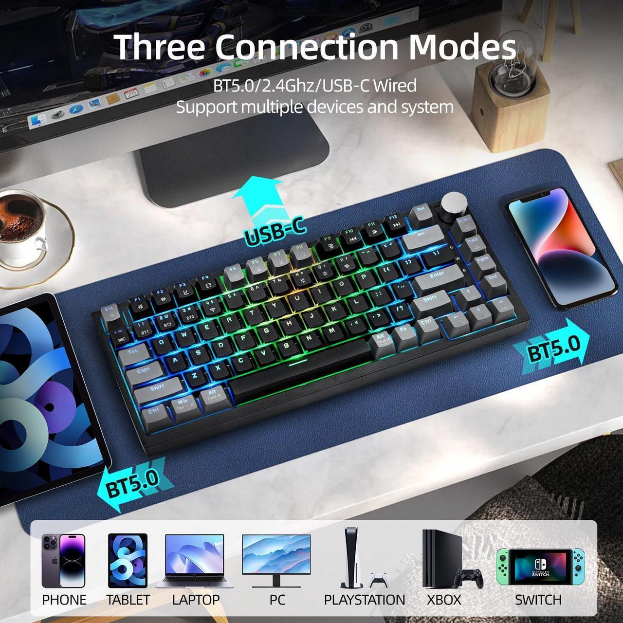 Alt view image 5 of 5 - WJX Wireless Mechanical Keyboard 75% Percent Gaming Keyboard with Volume Knob, RGB Backlit Computer Clicky Keyboards, Hot Swappable Mechanical, USB C/2.4GHz/BT5.0 Gasket Red Switch PBT Keycaps(Black)