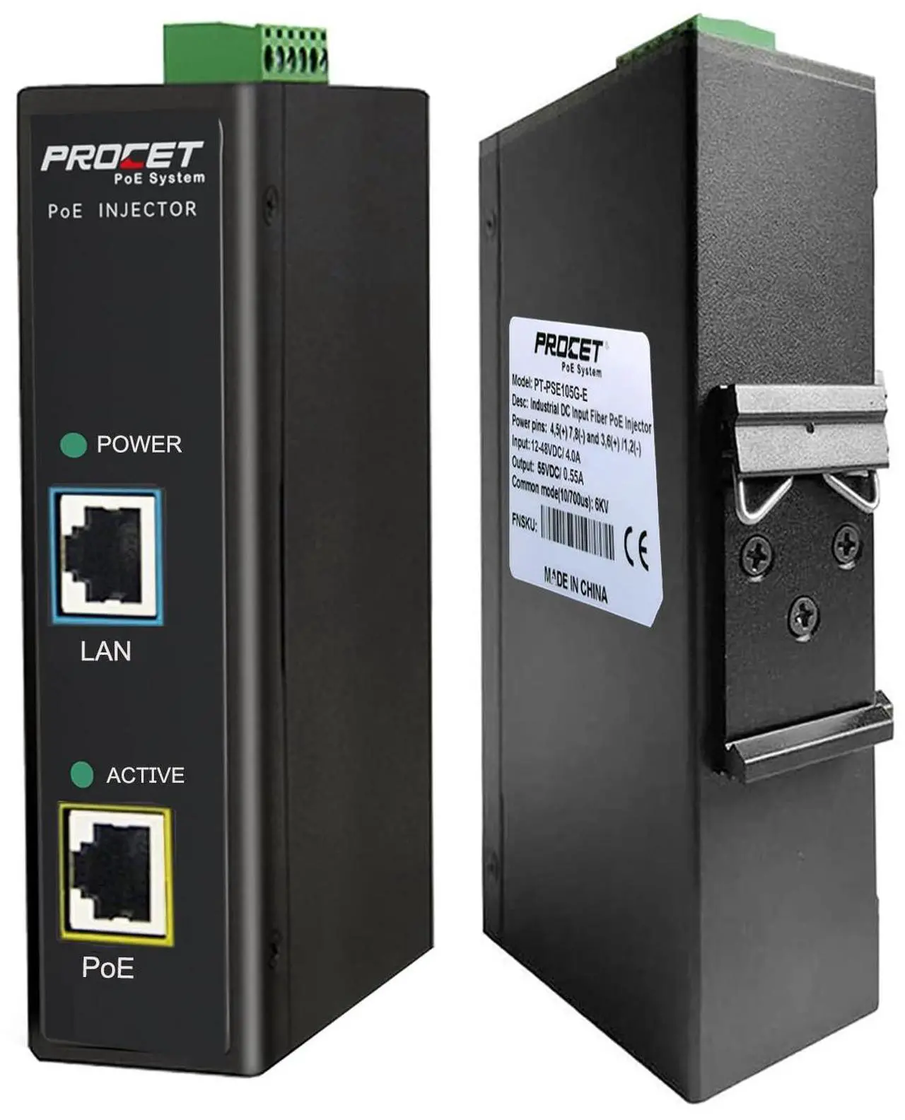 Main image of PROCET DIN Rail PoE Injector 30W Industrial IEEE802.3at/ PoE+ Power Injector, 6KV Surge Protection, Wide Working Temperature -40 to 149, PT-PSE105G-E