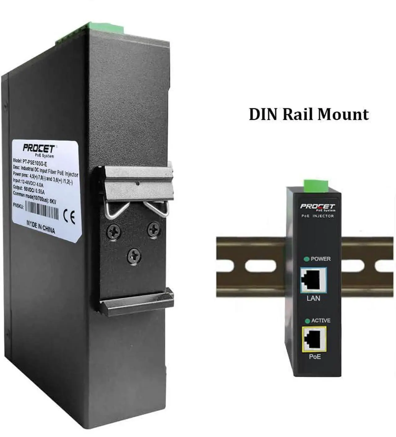 Alt view image 5 of 5 - PROCET DIN Rail PoE Injector 30W Industrial IEEE802.3at/ PoE+ Power Injector, 6KV Surge Protection, Wide Working Temperature -40 to 149, PT-PSE105G-E