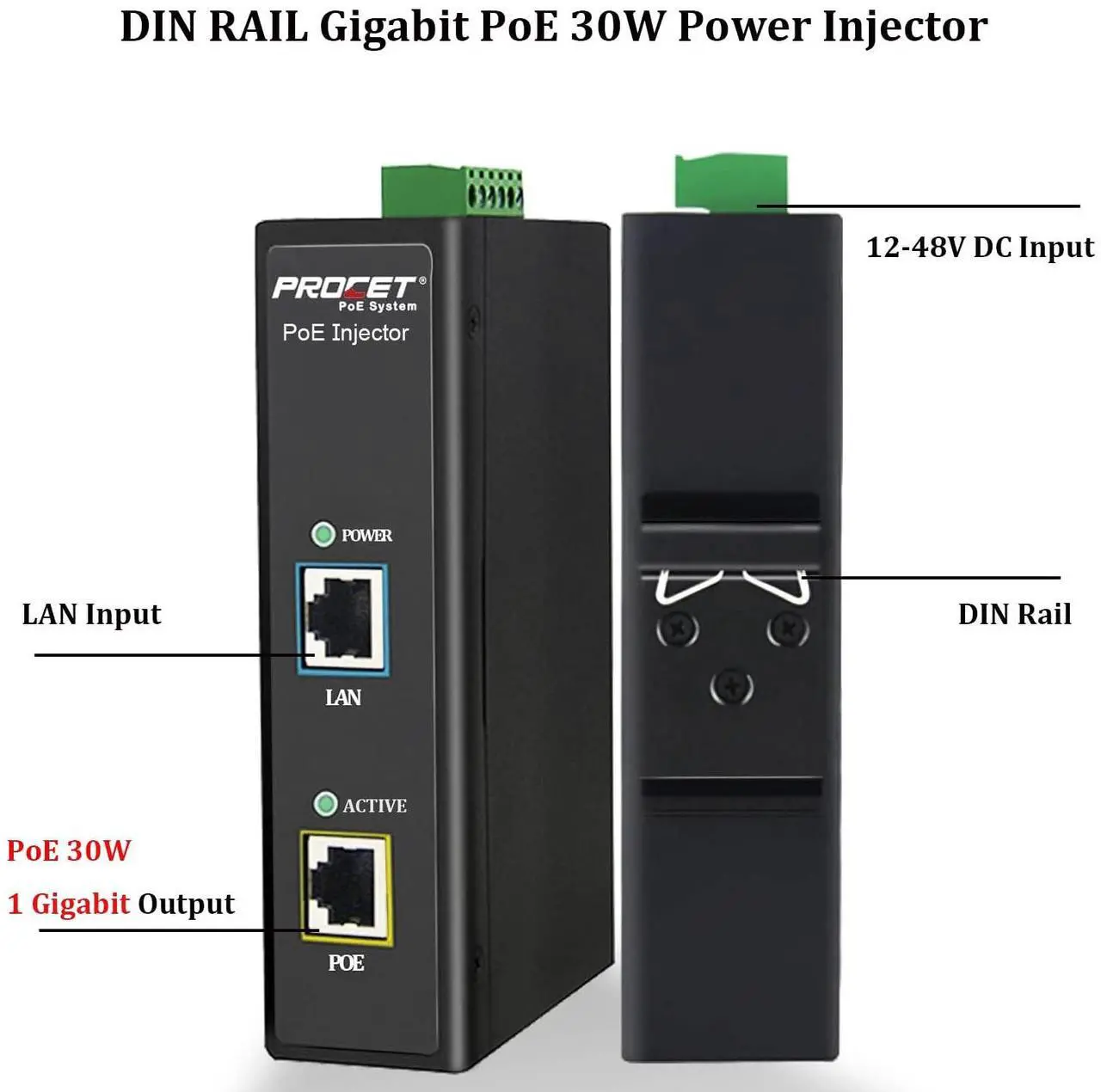Alt view image 2 of 5 - PROCET DIN Rail PoE Injector 30W Industrial IEEE802.3at/ PoE+ Power Injector, 6KV Surge Protection, Wide Working Temperature -40 to 149, PT-PSE105G-E