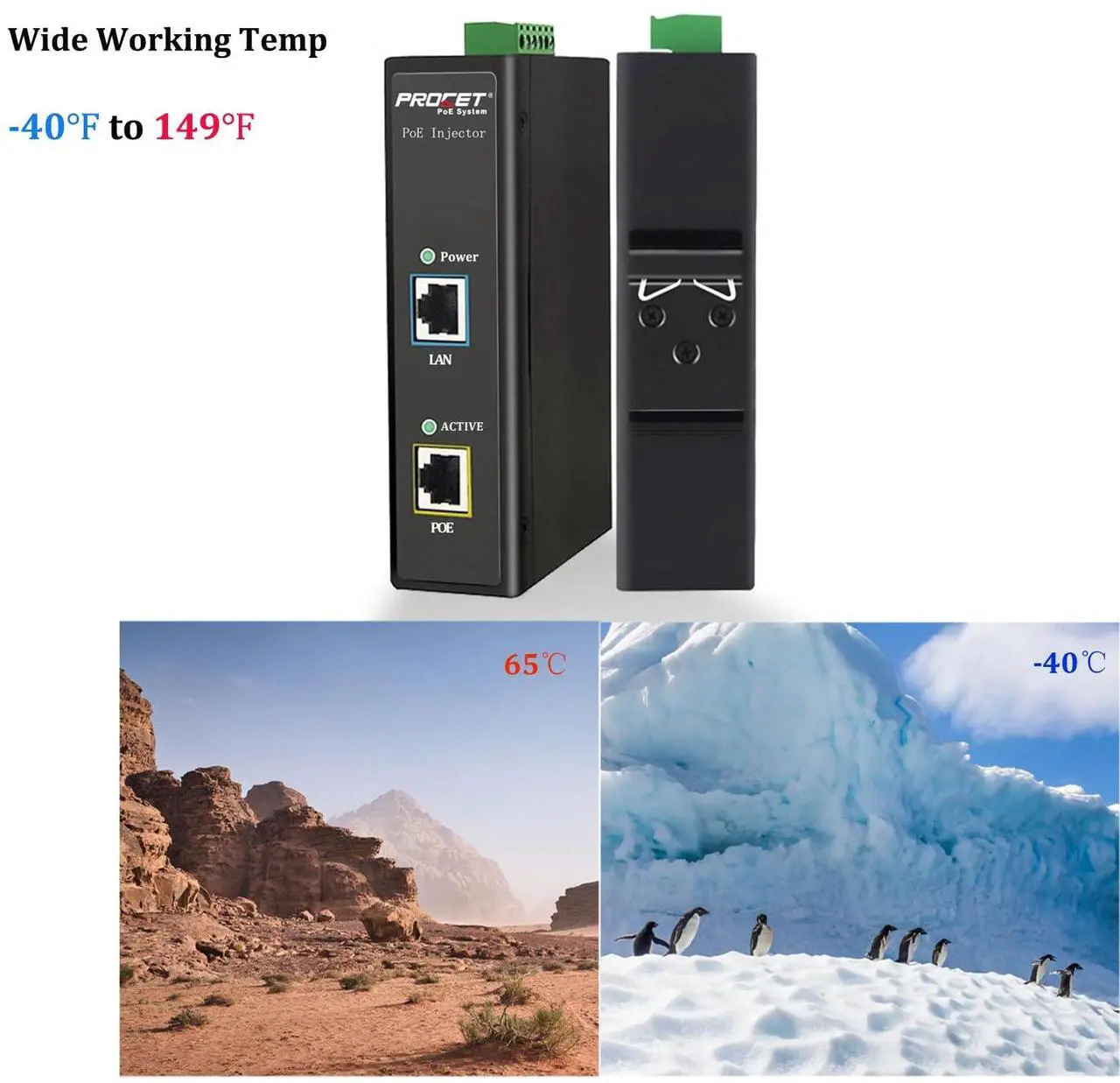 Alt view image 4 of 5 - PROCET DIN Rail PoE Injector 30W Industrial IEEE802.3at/ PoE+ Power Injector, 6KV Surge Protection, Wide Working Temperature -40 to 149, PT-PSE105G-E