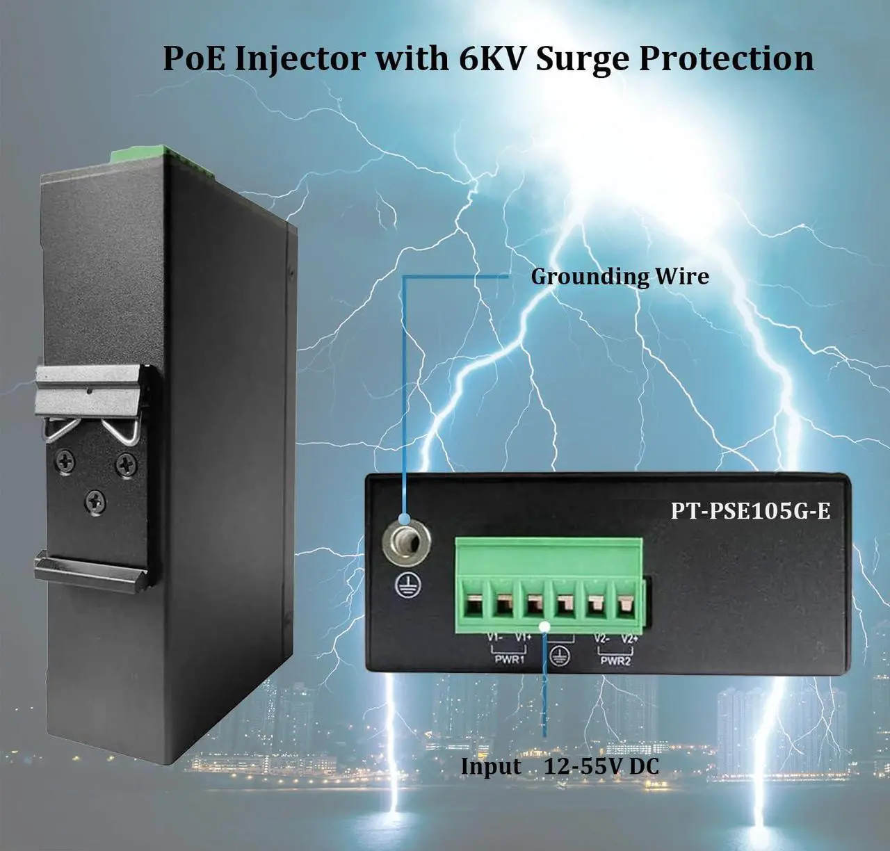 Alt view image 3 of 5 - PROCET DIN Rail PoE Injector 30W Industrial IEEE802.3at/ PoE+ Power Injector, 6KV Surge Protection, Wide Working Temperature -40 to 149, PT-PSE105G-E