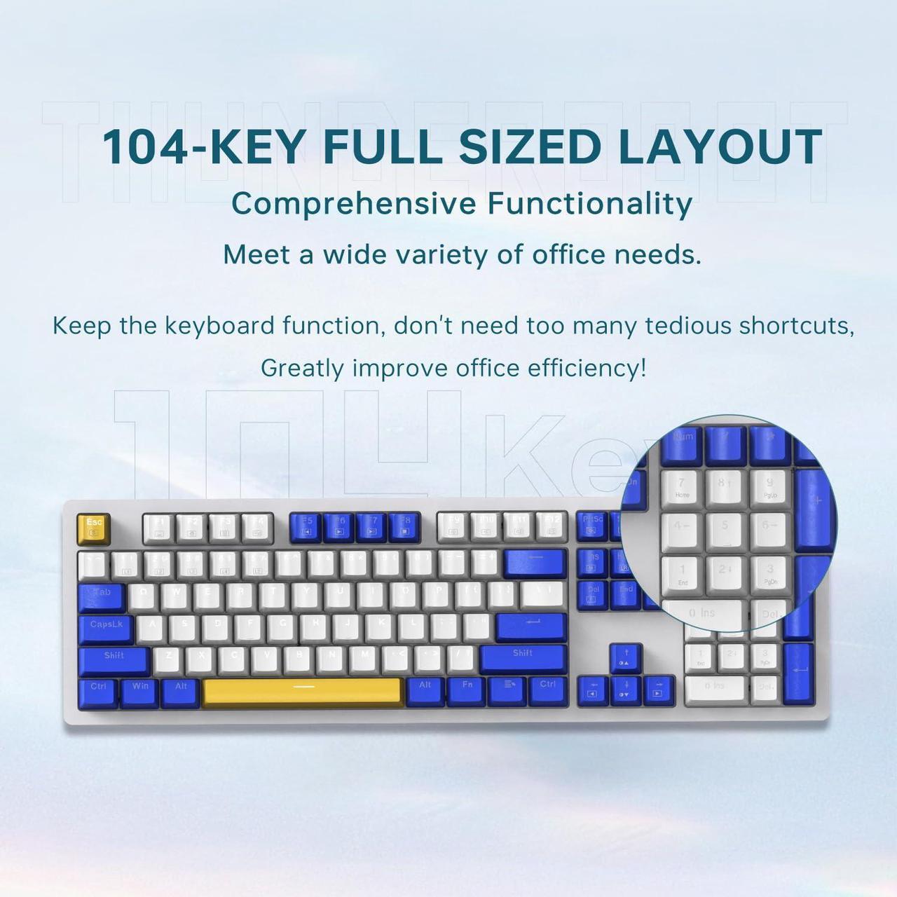 Alt view image 3 of 5 - Thunderobot K104 Wired Mechanical Keyboard, Full-Size 104-Key Layout, Perfect for Work and Gaming Hot-Swappable Sockets, Customizable RGB Backlighting, PBT Keycaps, Blue Whimsy