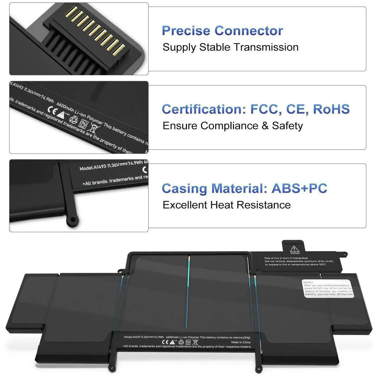 Alt view image 2 of 5 - Techowl A1502 Battery Replacement for MacBook Pro (Retina,13-inch, Early 2015/Mid 2014/Late 2013) A1582 A1493 Battery for MacBook Pro A1502 [11.36V 6600mAh 74.97Wh]