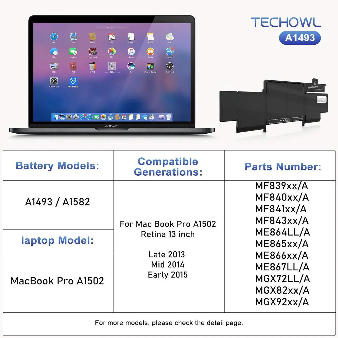 Alt view image 5 of 5 - Techowl A1502 Battery Replacement for MacBook Pro (Retina,13-inch, Early 2015/Mid 2014/Late 2013) A1582 A1493 Battery for MacBook Pro A1502 [11.36V 6600mAh 74.97Wh]