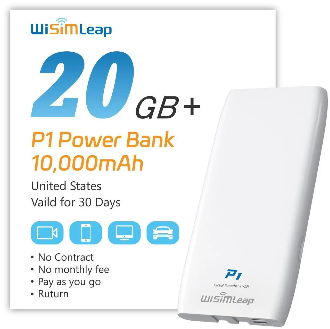 Main image of Mobile Hotspot Device with Power Charger for Global Travel 4G Router with 10000mAh Charging Battery No Roaming fee Built-in SIM Card Travel Portable Wifi Hotspot Power Bank Mobile WiFi 20GB for USA