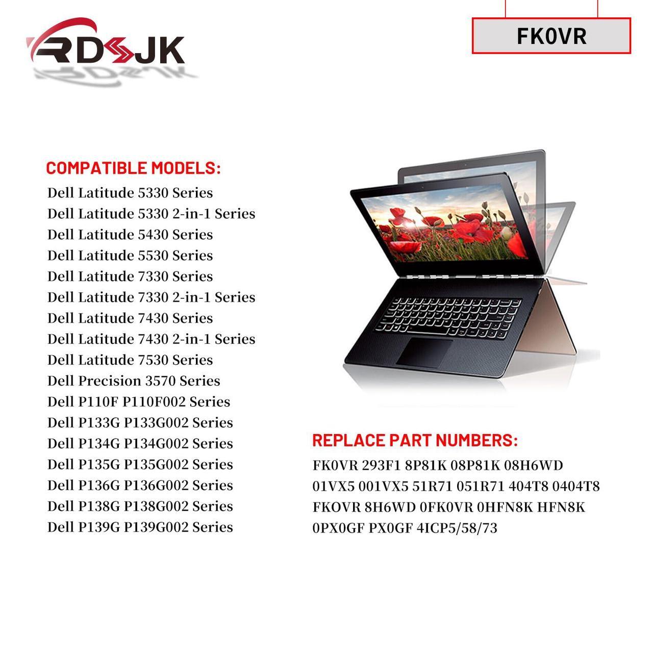 Alt view image 3 of 5 - FK0VR 8P81K 293F1 Laptop Battery for Dell Latitude 5330 5430 5530 7330 7430 7530 Latitude 5330 7330 7430 2-in-1 Series 8H6WD 08H6WD 01VX5 001VX5 404T8 0404T8 PX0GF 0PX0GF 51R71 051R71 HFN8K 15.2V 58Wh