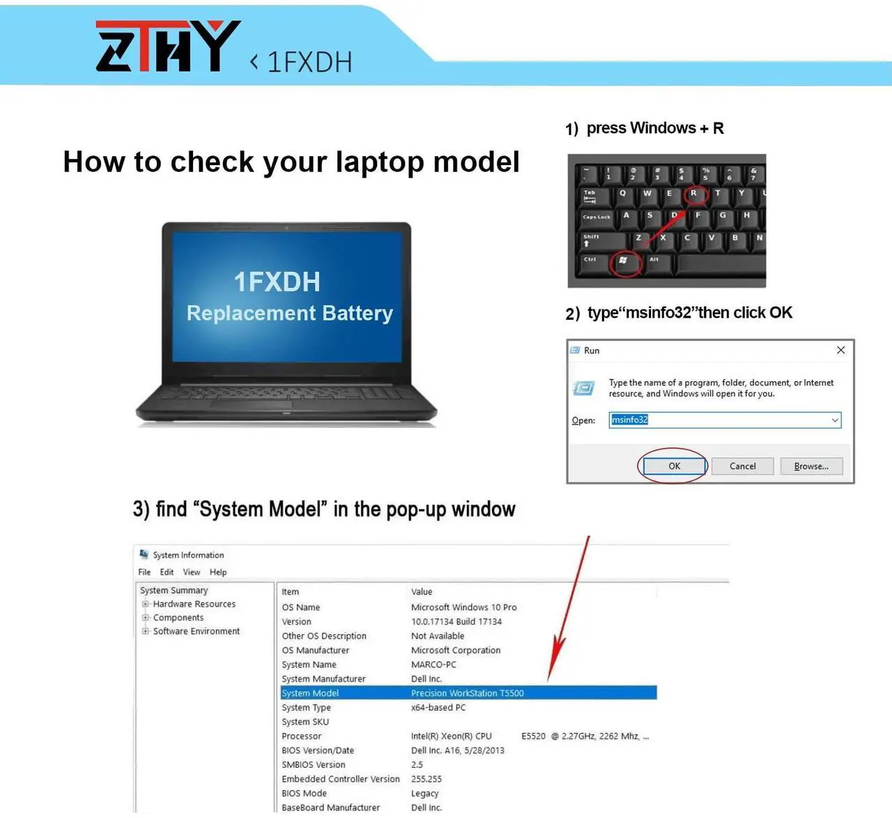 Alt view image 2 of 5 - ZTHY 1FXDH Laptop Battery Replacement for Dell Precision 3541 3551 Latitude 15 5501 5511 E5501 E5511 Series P80F P80F003 P80F004 01WJT0 1WJT0 0D191G D191G CN-0D191G IFXDH 11.4V 8071mAh 97Wh 6-Cell