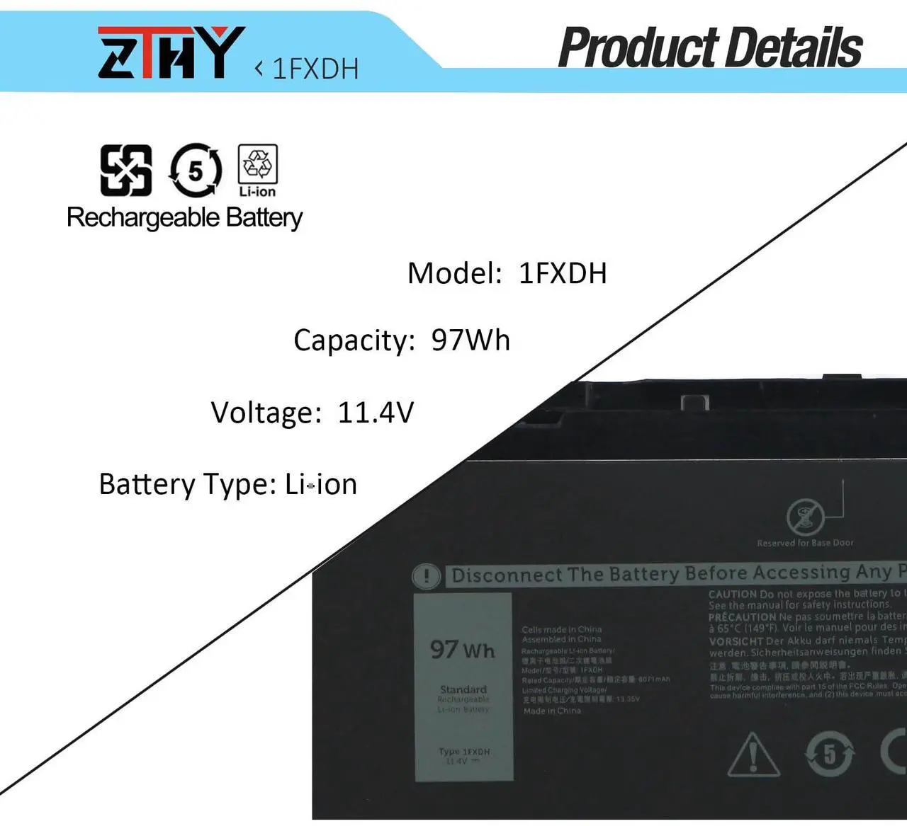 Alt view image 3 of 5 - ZTHY 1FXDH Laptop Battery Replacement for Dell Precision 3541 3551 Latitude 15 5501 5511 E5501 E5511 Series P80F P80F003 P80F004 01WJT0 1WJT0 0D191G D191G CN-0D191G IFXDH 11.4V 8071mAh 97Wh 6-Cell
