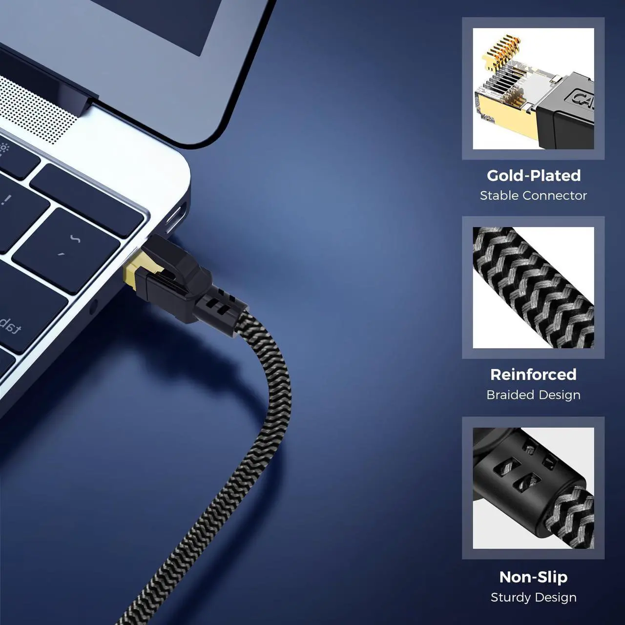 Alt view image 4 of 5 - CABNEER Cat 8 Ethernet Cable 95FT, High-Speed Braided Internet Cable Network Cord with Gold Plated RJ45 Connector 40Gbps 2000Mhz Heavy Duty LAN Cable Shielded Indoor