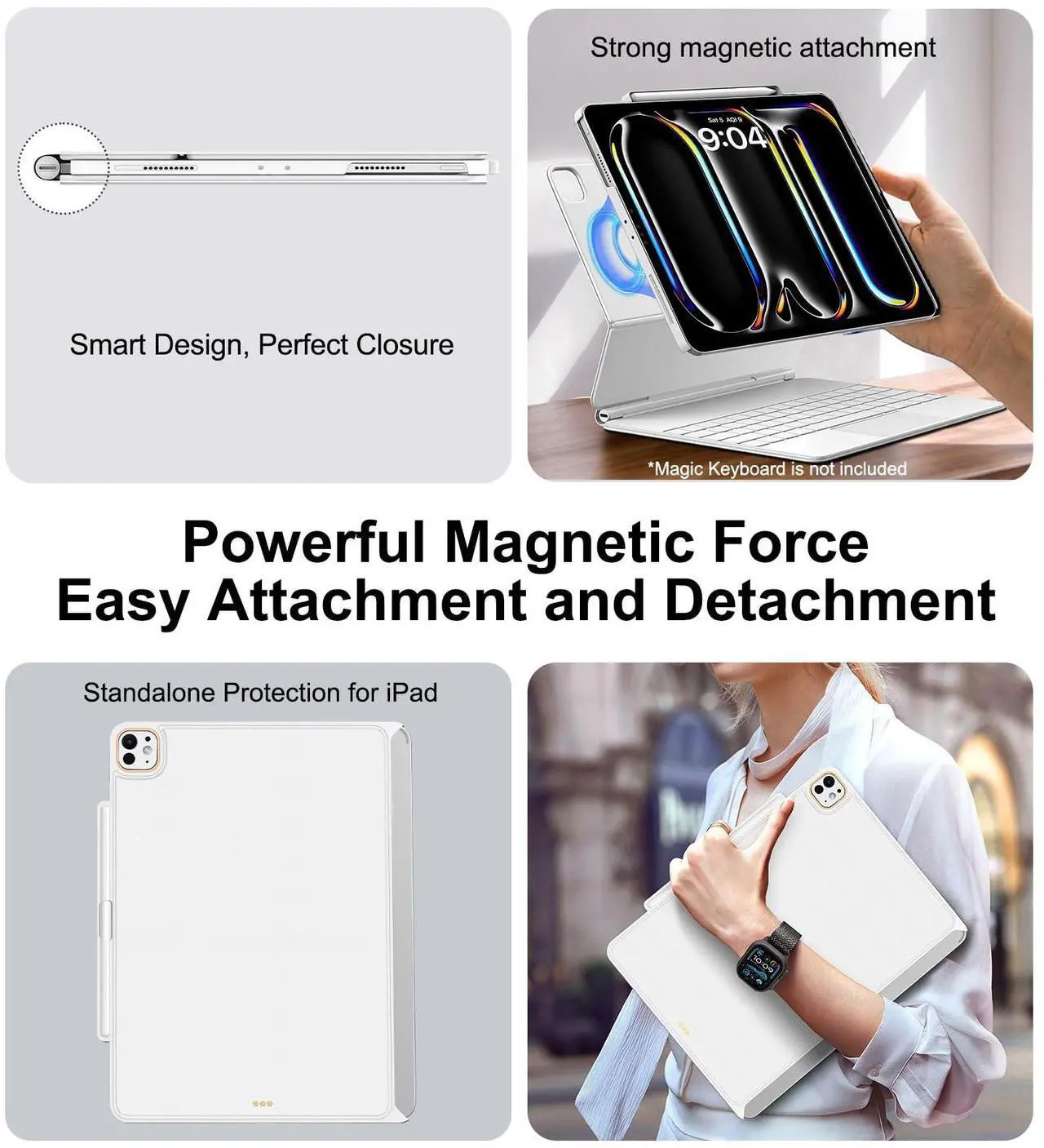Alt view image 4 of 5 - Magic-Keyboard Compatible Case for iPad Pro-11 inch M4 2024, Cover with Apple Pencil Holder for Smart MagicKeyboard Folio Slim Durability, with Durable Leather, (Keyboard Not Included), White