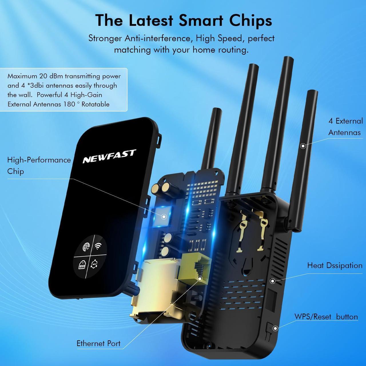 Alt view image 2 of 5 - NEWFAST AC1200 WiFi Extender,1.2Gbps WiFi Extender Signal Booster for Home,Dual Band Wireless Repeater, 5GHz/2.4GHz Internet Booster Amplifier with 4 Antenna,4 Mode, Compact Design(NF-RE523)