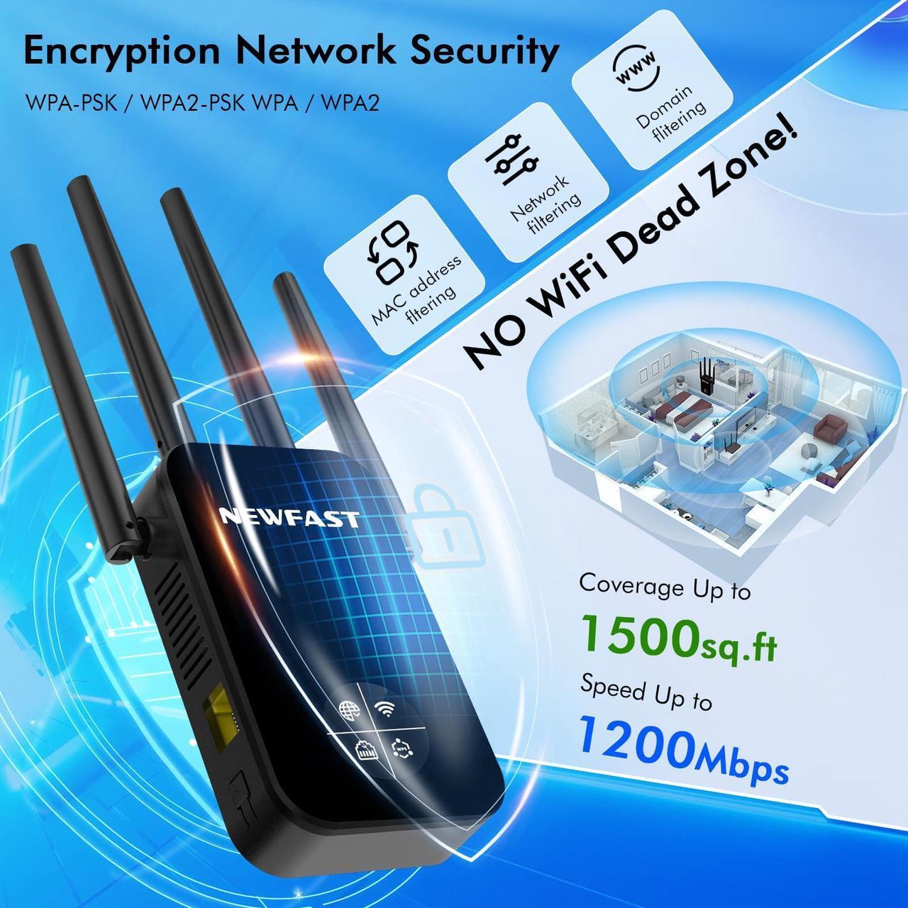Alt view image 3 of 5 - NEWFAST AC1200 WiFi Extender,1.2Gbps WiFi Extender Signal Booster for Home,Dual Band Wireless Repeater, 5GHz/2.4GHz Internet Booster Amplifier with 4 Antenna,4 Mode, Compact Design(NF-RE523)